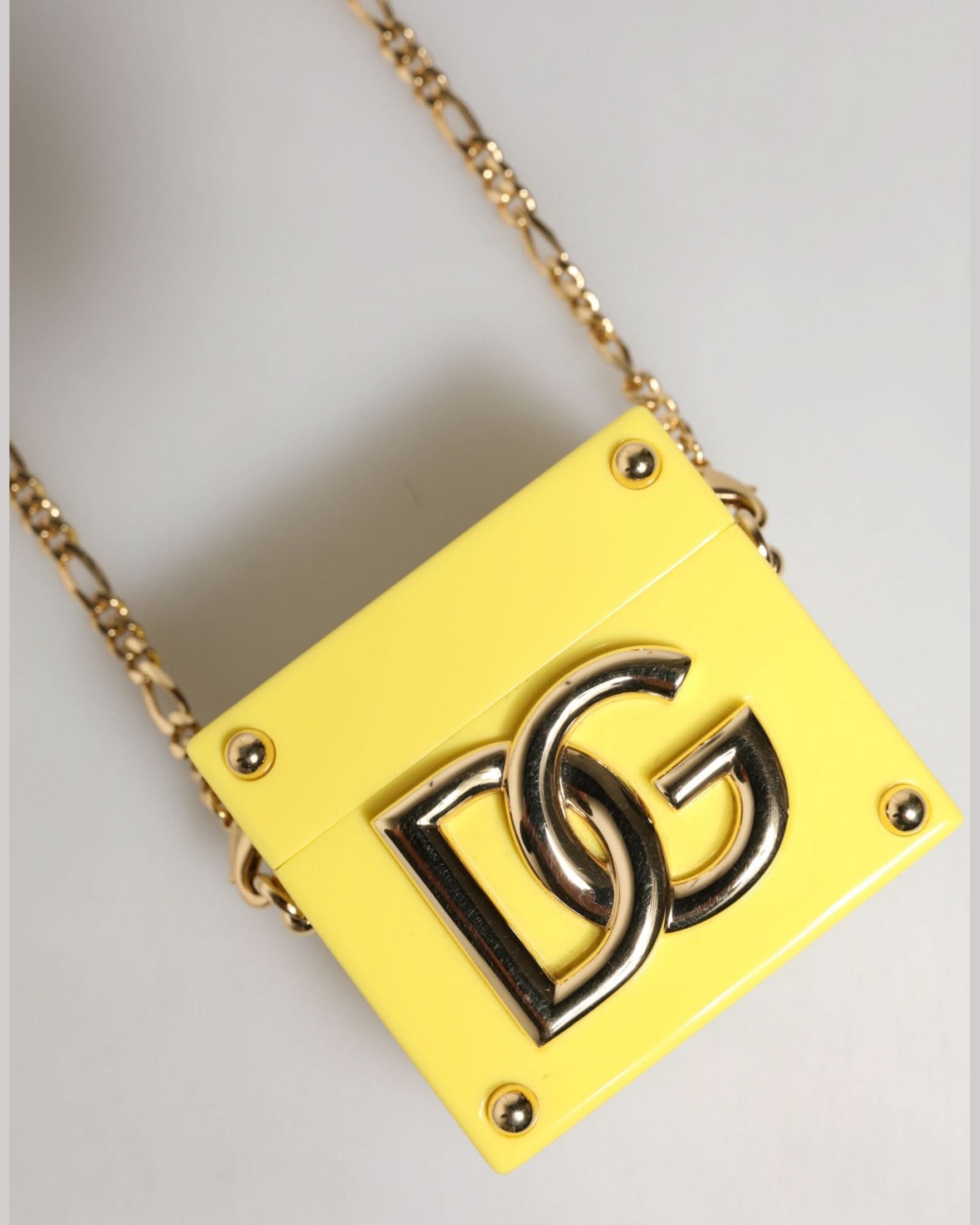 Dolce & Gabbana Yellow Dg Logo Plaque Cover Gold Chain Airpods Case Uncategorized