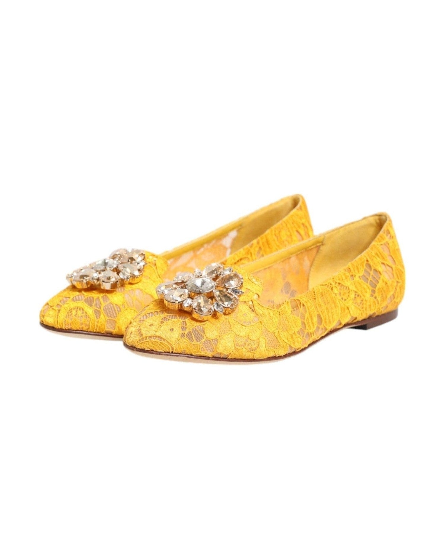 Dolce & Gabbana Yellow Lace Taormina Crystals Flats Shoes Shoes