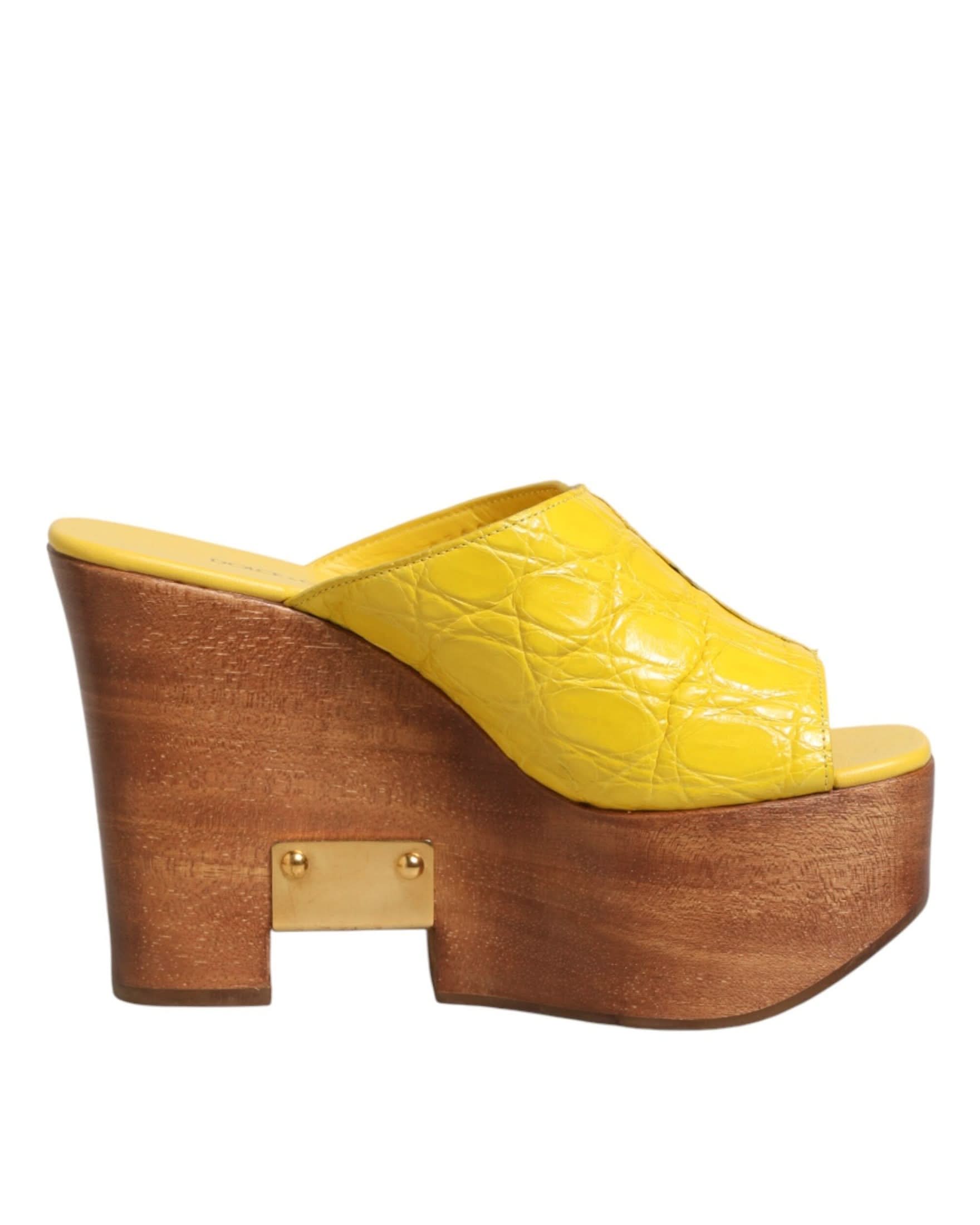Dolce & Gabbana Yellow Leather Wood Mule Wedge Slides Shoes Sandals