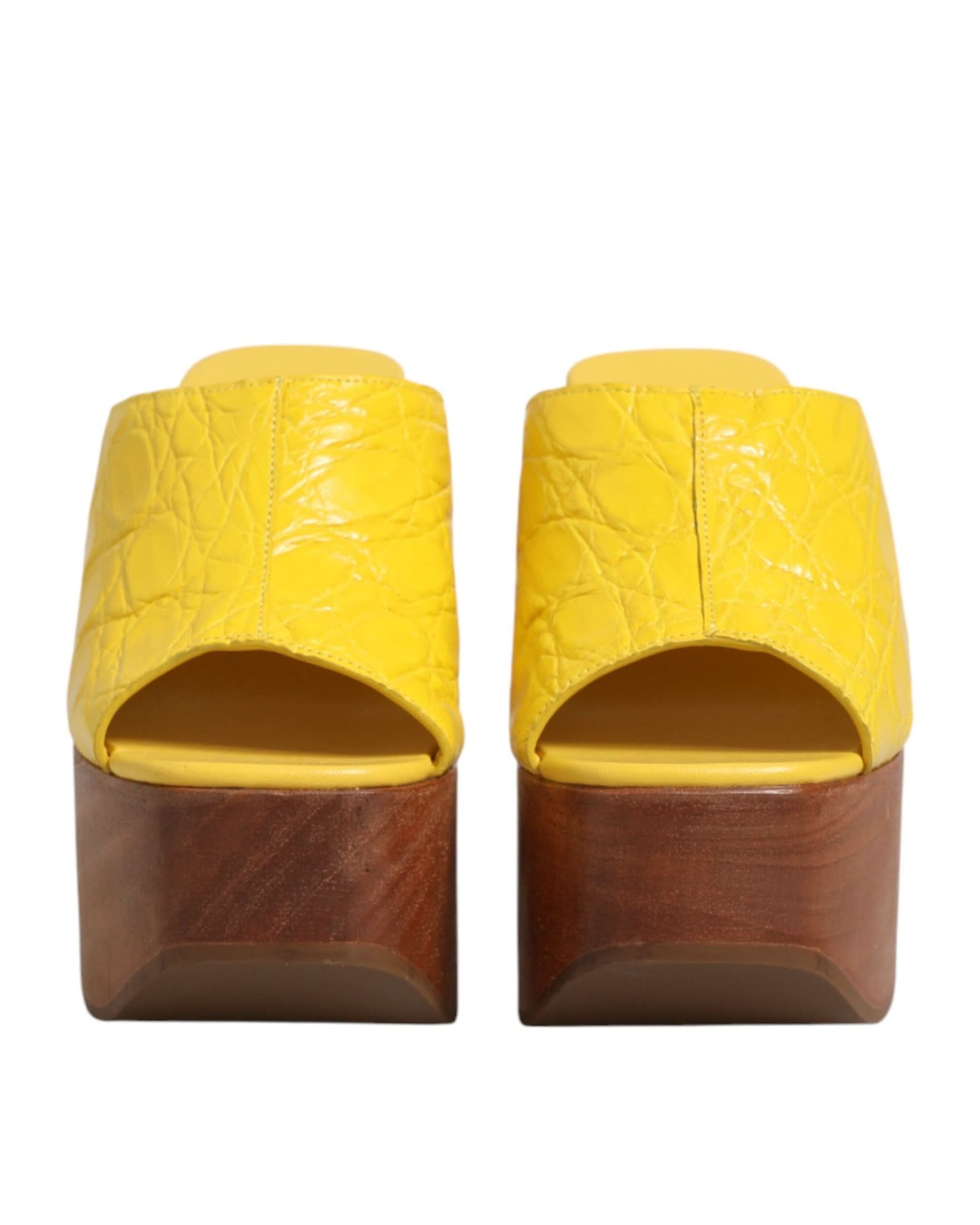 Dolce & Gabbana Yellow Leather Wood Mule Wedge Slides Shoes Sandals