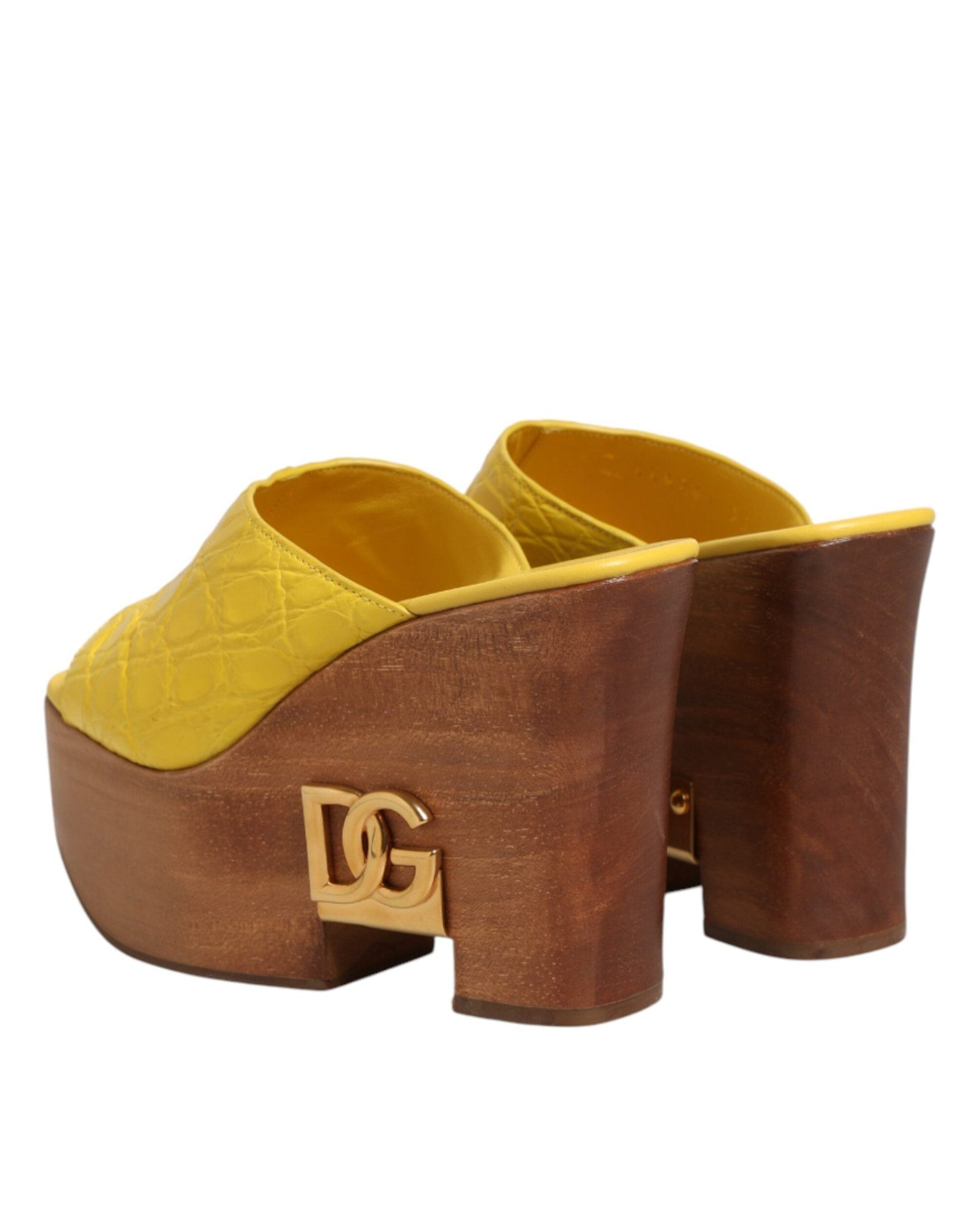 Dolce & Gabbana Yellow Leather Wood Mule Wedge Slides Shoes Glam Steals