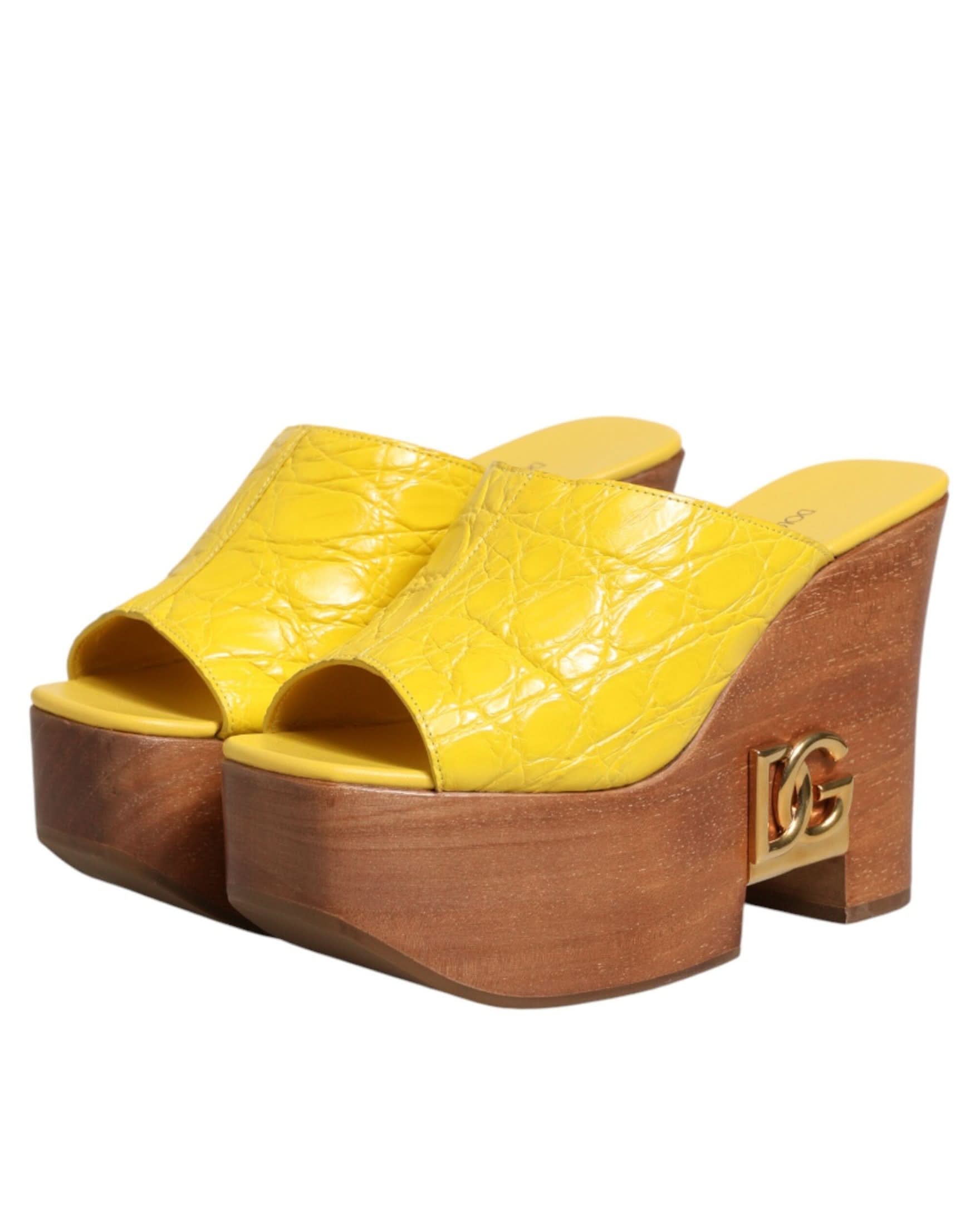 Dolce & Gabbana Yellow Leather Wood Mule Wedge Slides Shoes Sandals