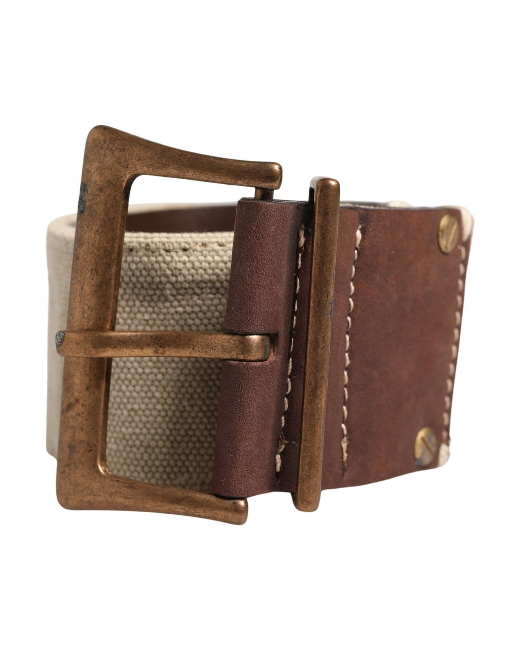 Ermanno Scervino Brown Leather Beige Canvas Metal Buckle Belt