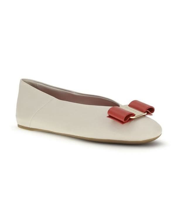Ferragamo White Calf Leather Bos Taurus Ballet Flats