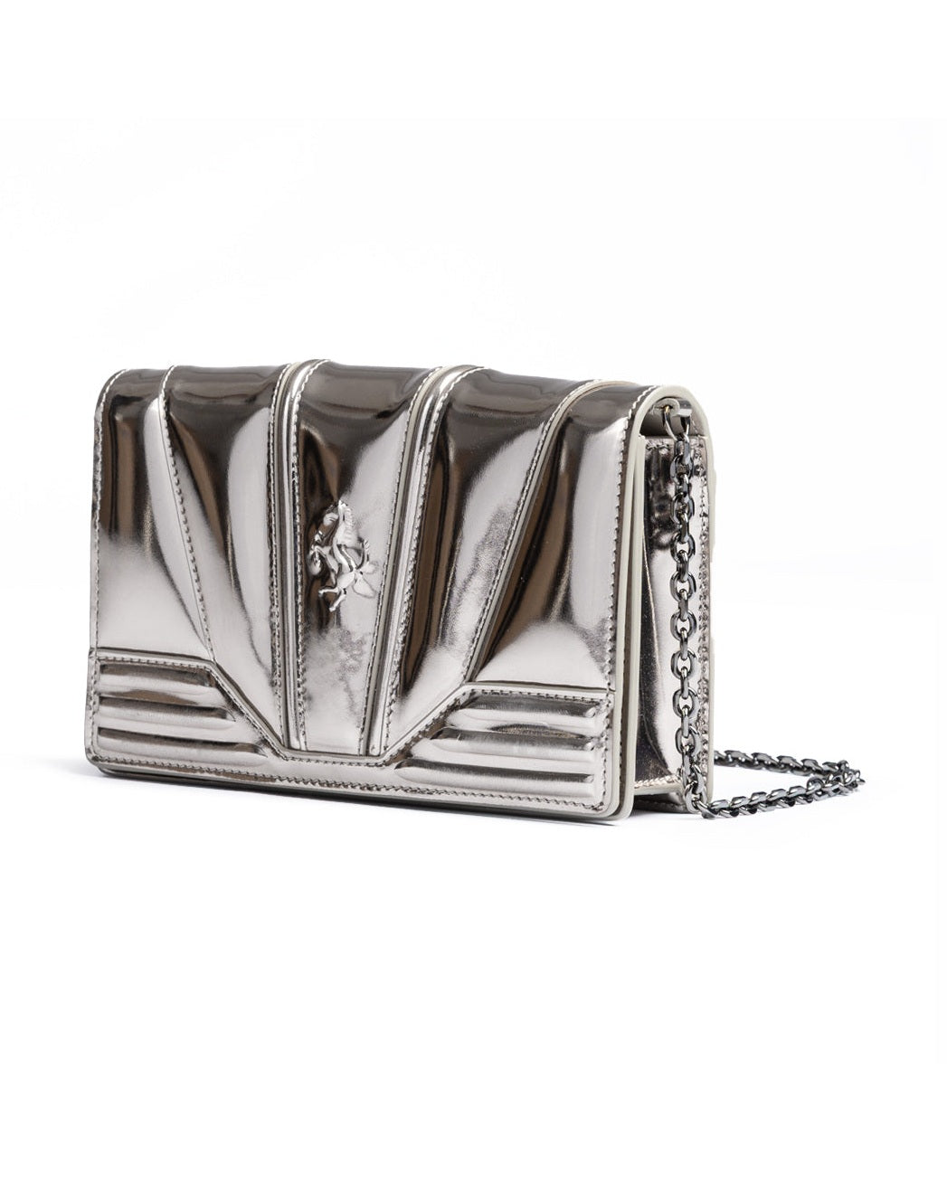 Ferrari Silver Leather Metal Gt Patent Bag with Chain Glam Steals
