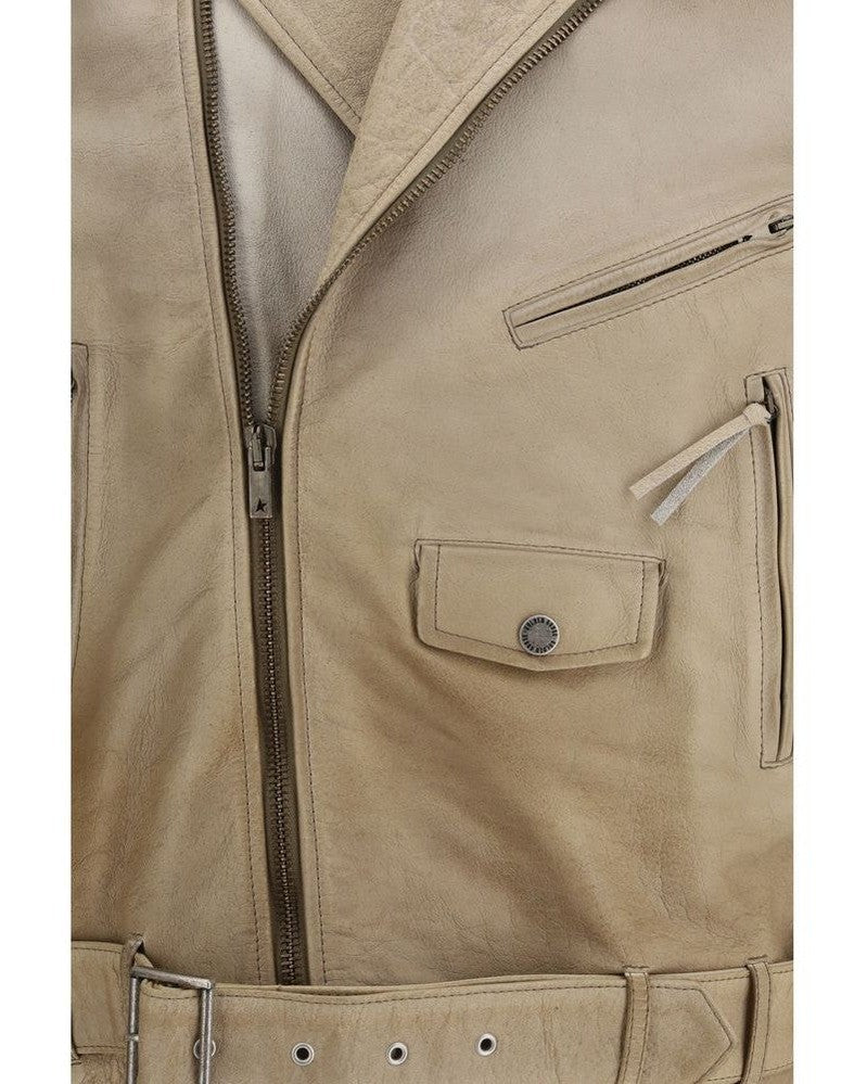 Golden Goose Beige Leather Buffalo Biker Jacket Glam Steals