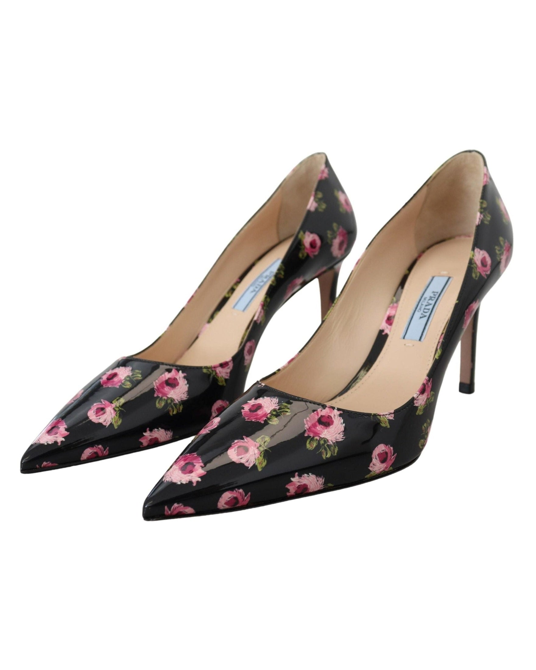 Prada Black Leather Floral Heels Stilettos Pumps Heels