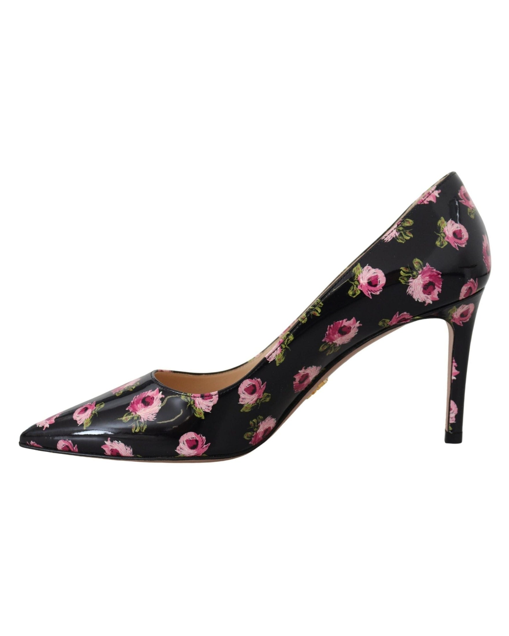 Prada Black Leather Floral Heels Stilettos Pumps Heels