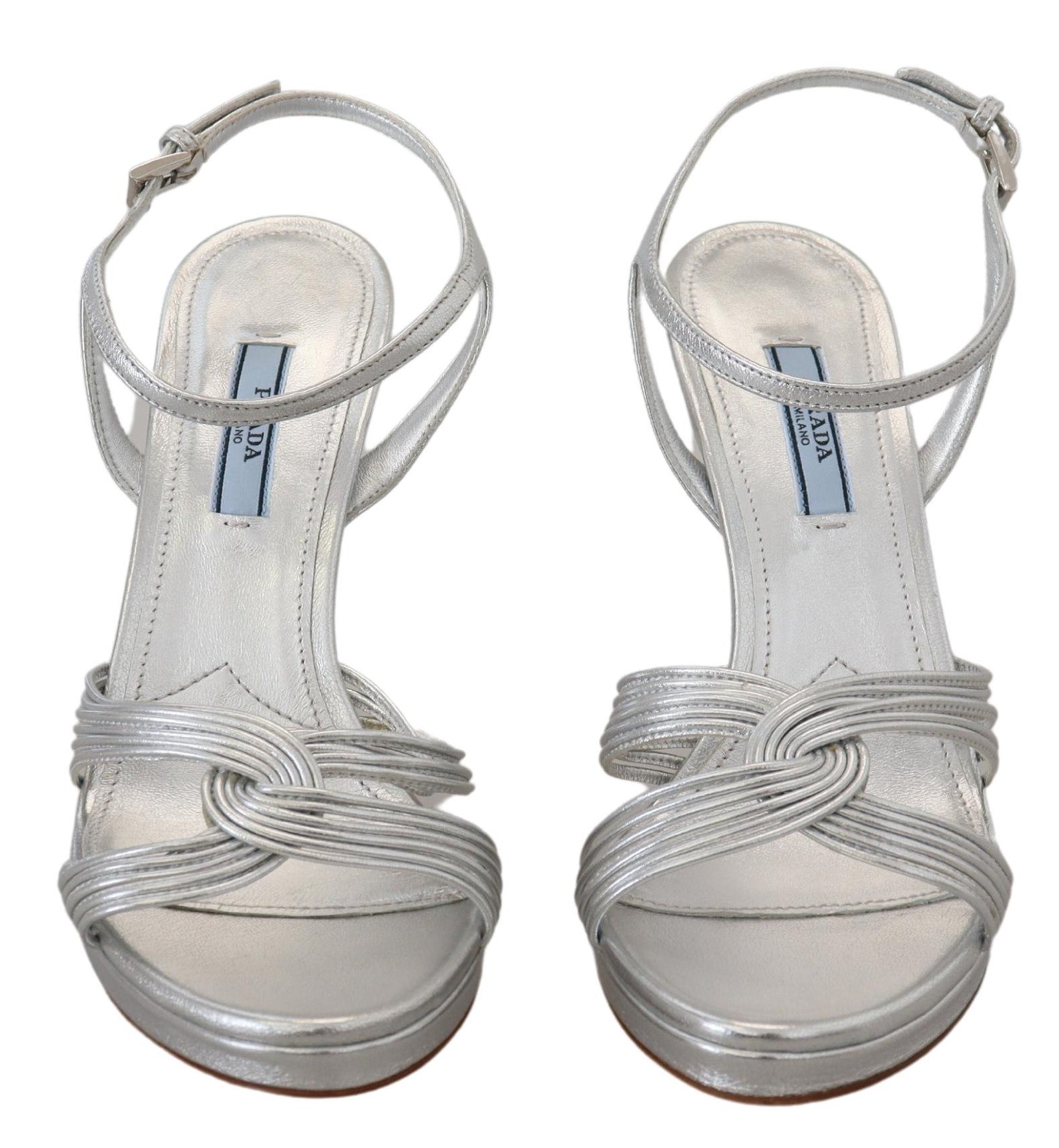 Prada Silver Leather Sandals Ankle Strap Heels Glam Steals