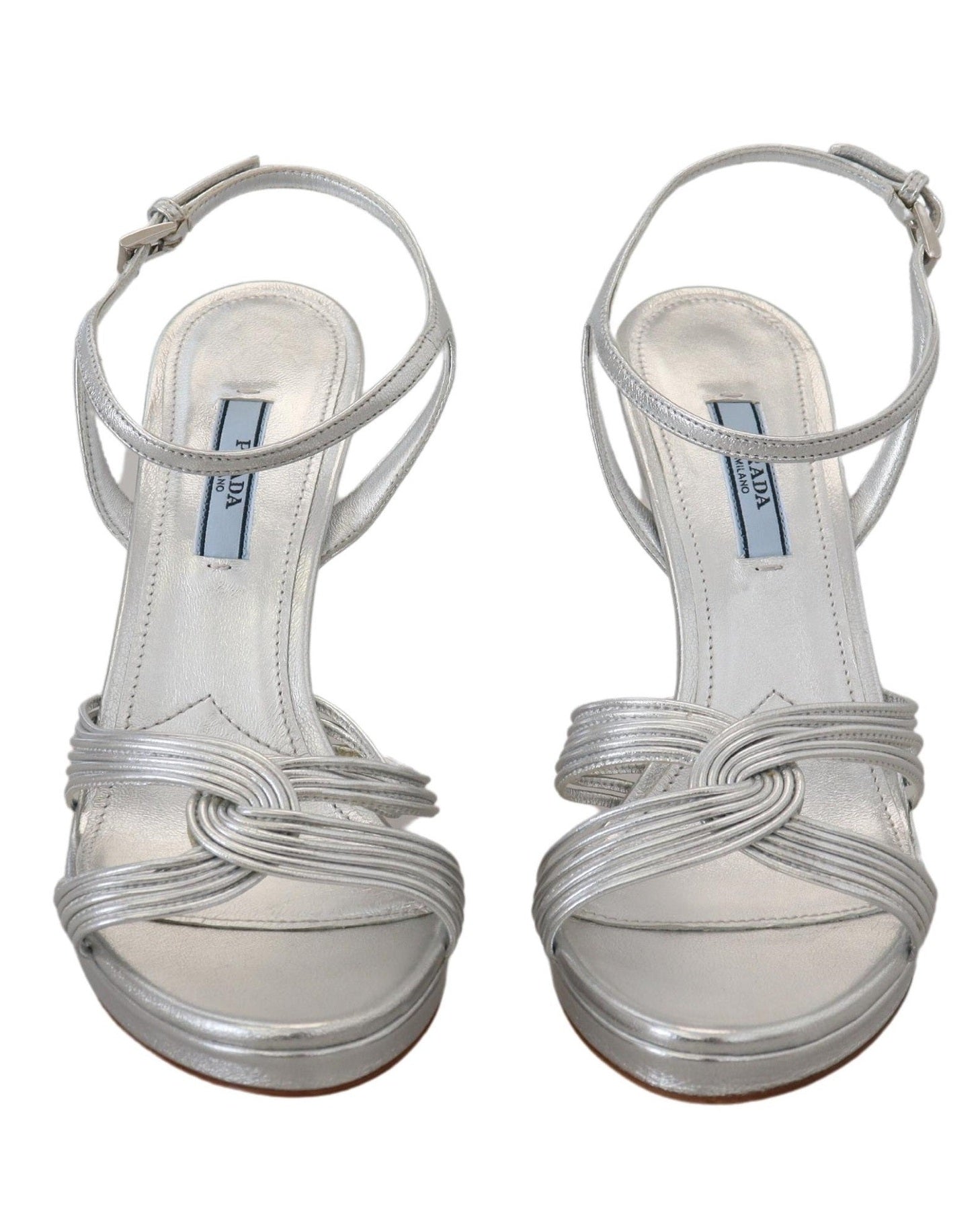 Prada Silver Leather Sandals Ankle Strap Heels Heels