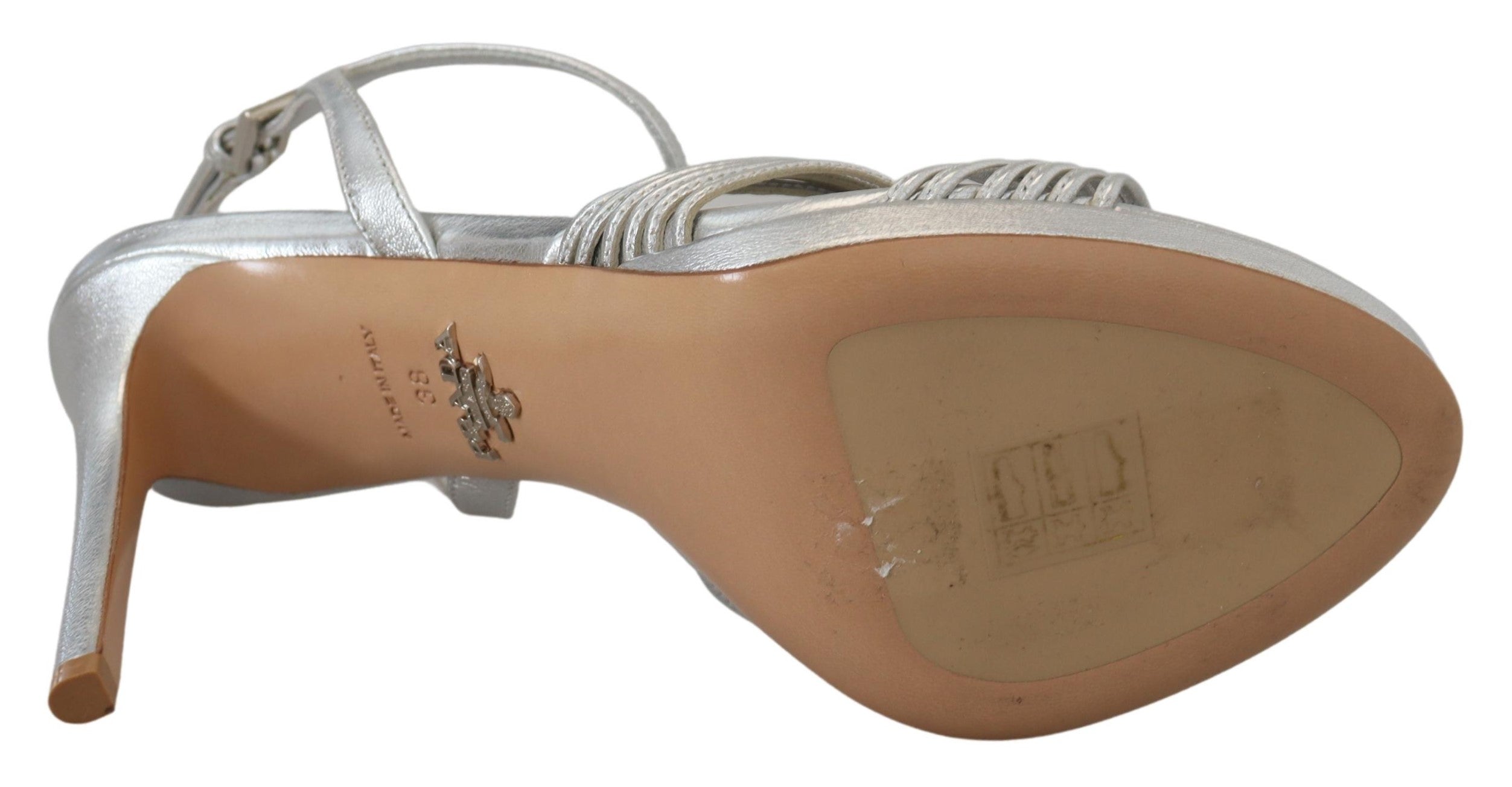 Prada Silver Leather Sandals Ankle Strap Heels Glam Steals