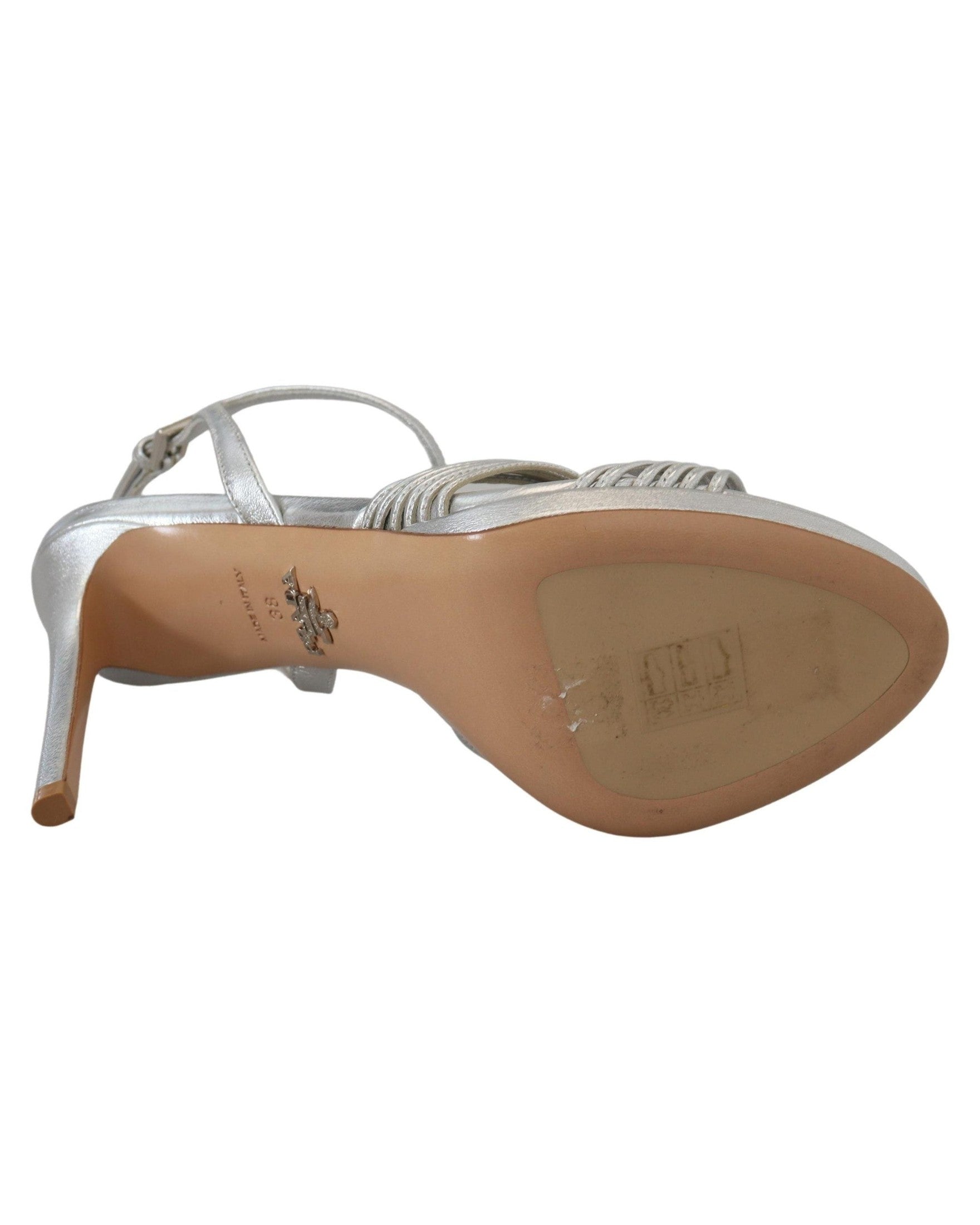 Prada Silver Leather Sandals Ankle Strap Heels Heels