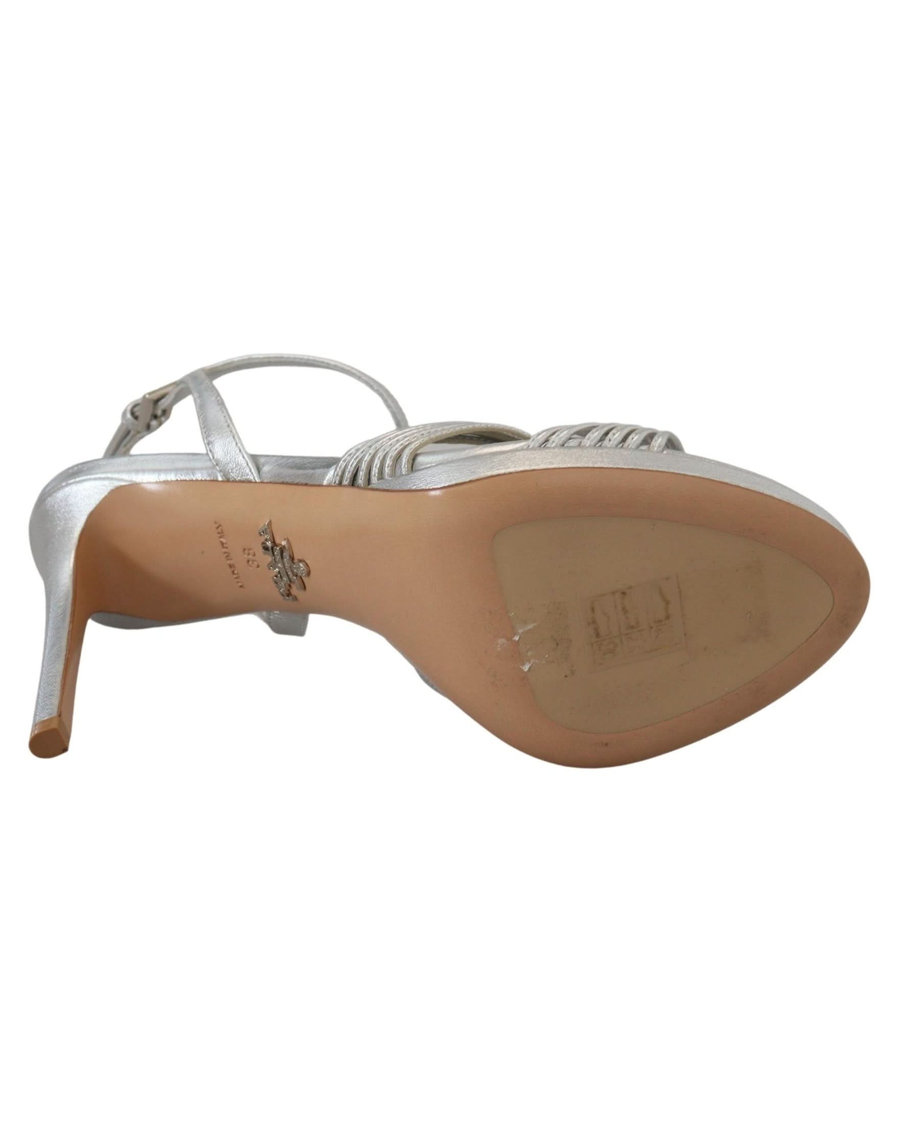 Prada Silver Leather Sandals Ankle Strap Heels Heels