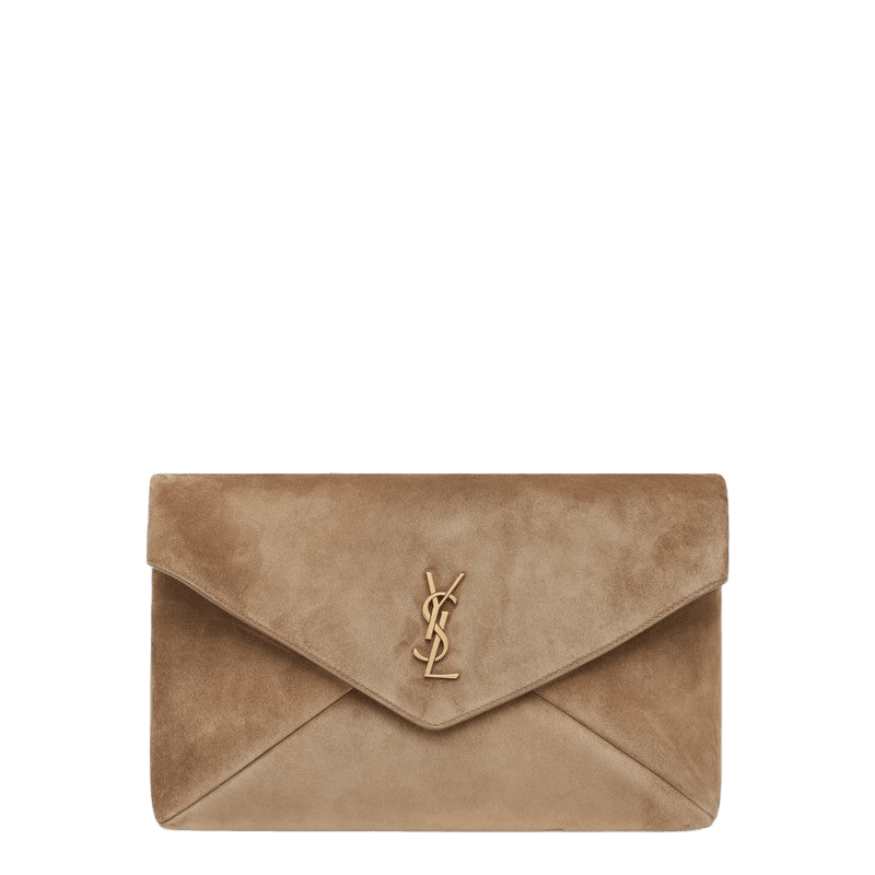 Saint Laurent Gold Suede Cassandre Large Envelope Pouch in Glam Steals
