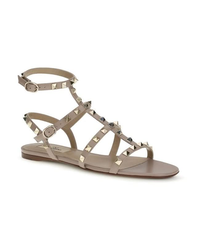 Valentino Garavani Beige Calf Leather Bos Taurus Flat Sandals Sandals