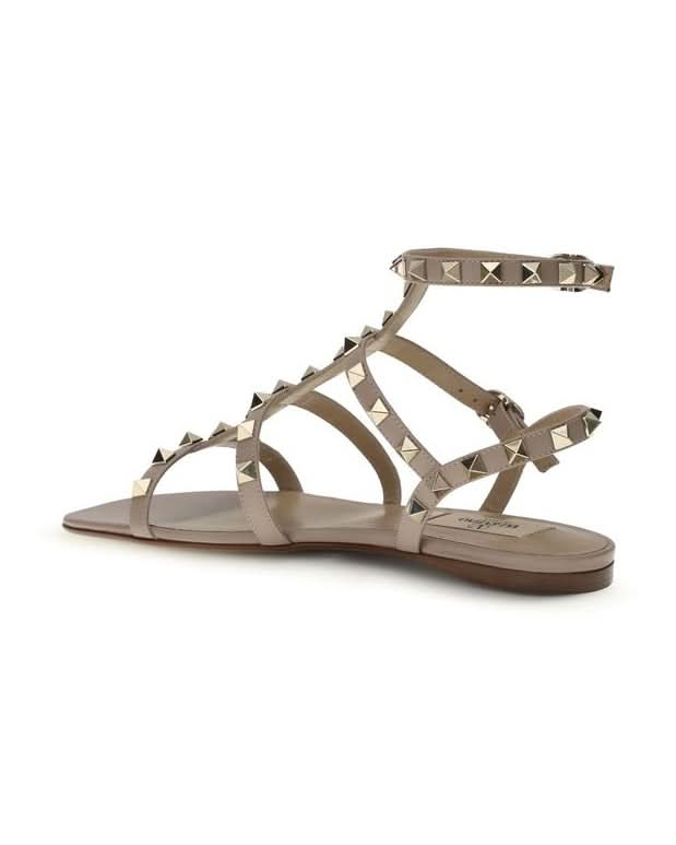 Valentino Garavani Beige Calf Leather Bos Taurus Flat Sandals Sandals