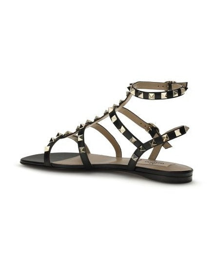 Valentino Garavani Black Calf Leather Bos Taurus Flat Sandals Glam Steals