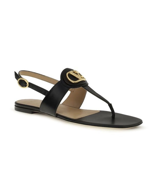 Valentino Garavani Black Calf Leather Bos Taurus Flat Sandals Flats