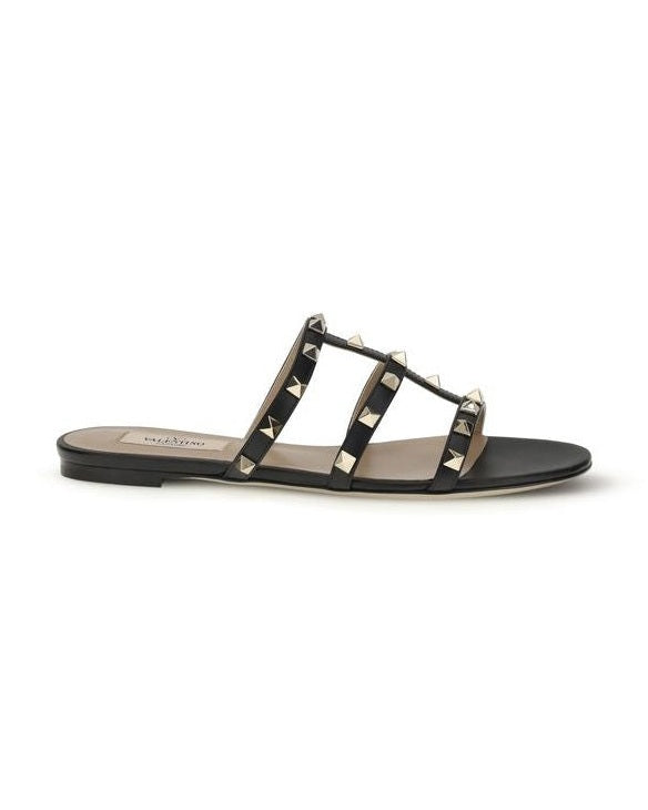 Valentino Garavani Black Calf Leather Bos Taurus Flat Sandals Glam Steals