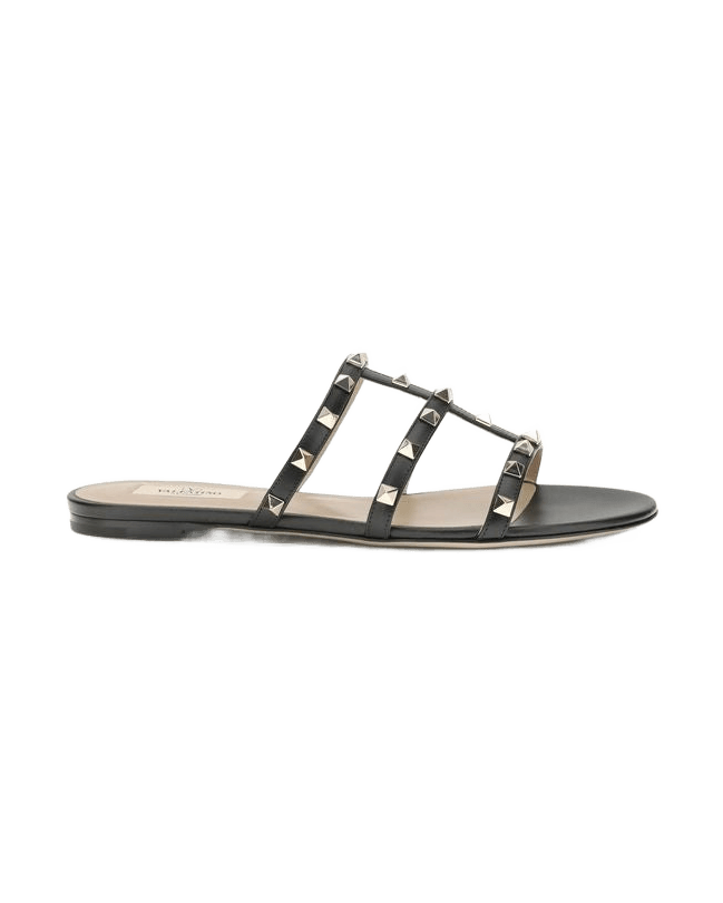 Valentino Garavani Black Calf Leather Bos Taurus Flat Sandals Glam Steals