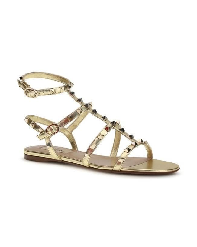 Valentino Garavani Gold Calf Leather Bos Taurus Flat Sandals