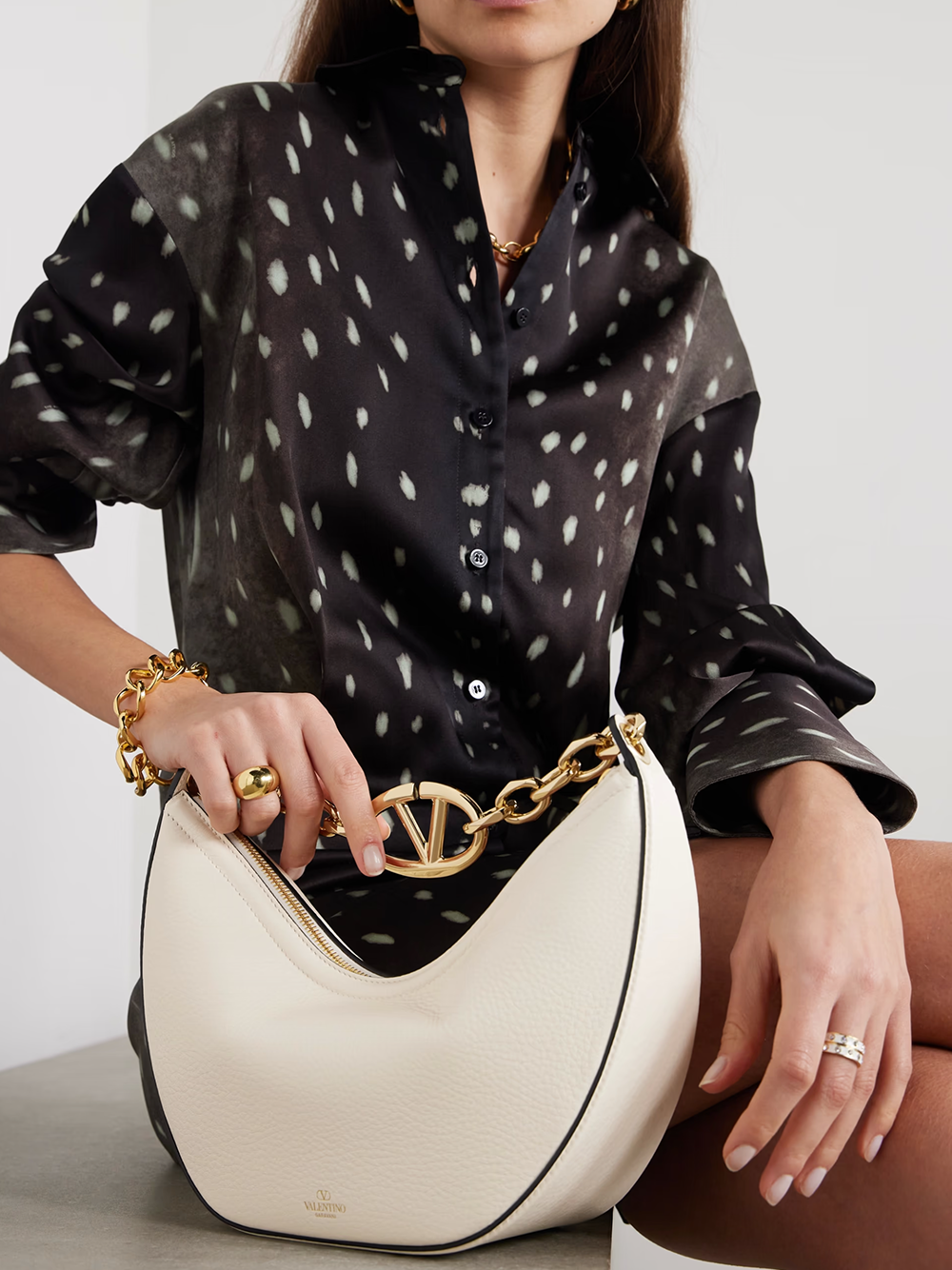 Valentino Garavani Leather Small Hobo Vlogo Shoulder Ivory Bag Glam Steals