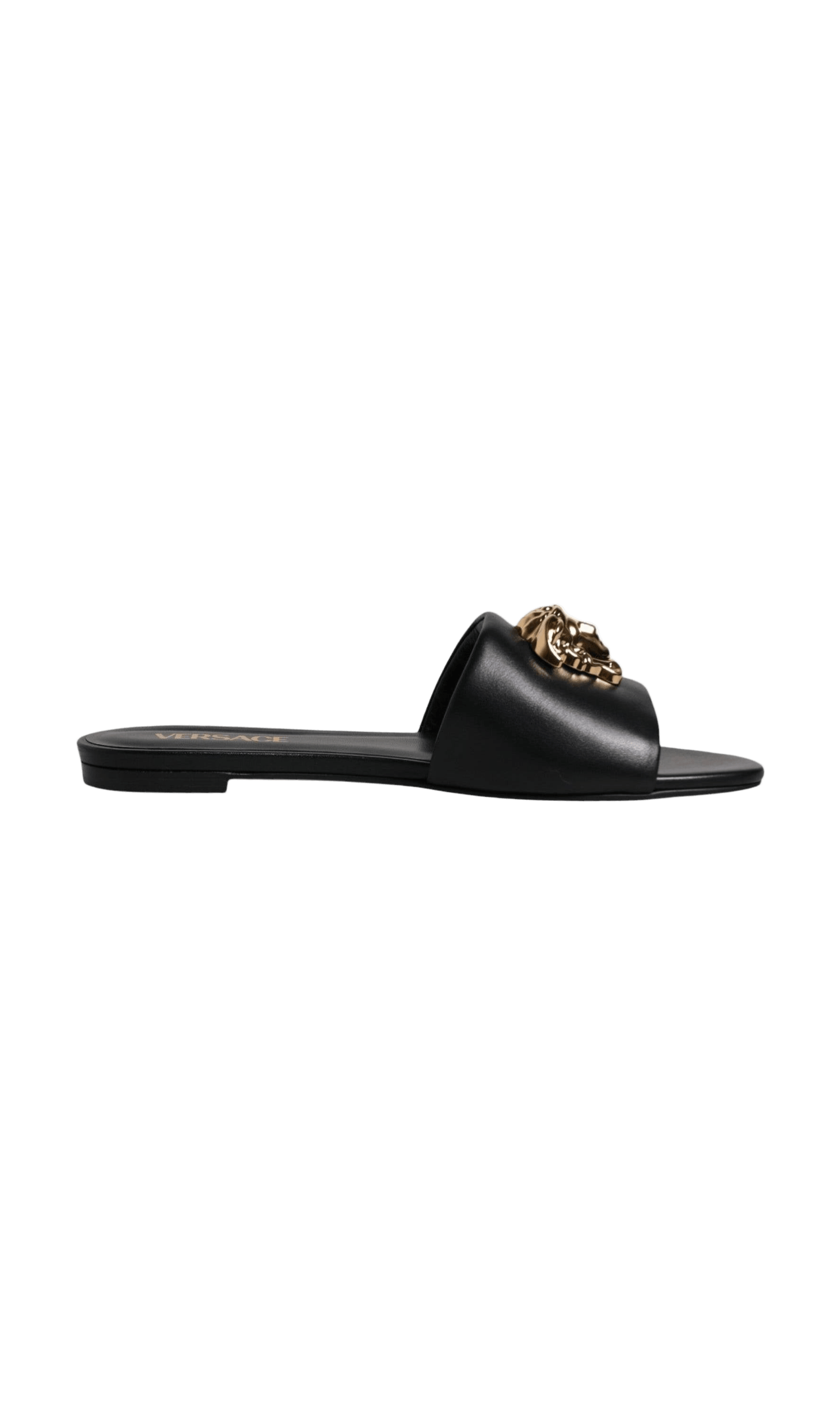 Versace Black Leather Logo Plaque Slip On Slides Flats Shoes Glam Steals