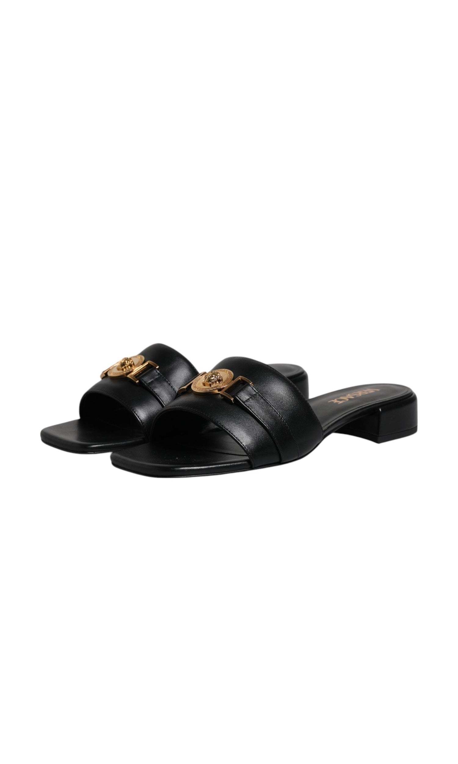Versace Black Leather Logo Plaque Slip On Slides Flats Shoes Glam Steals
