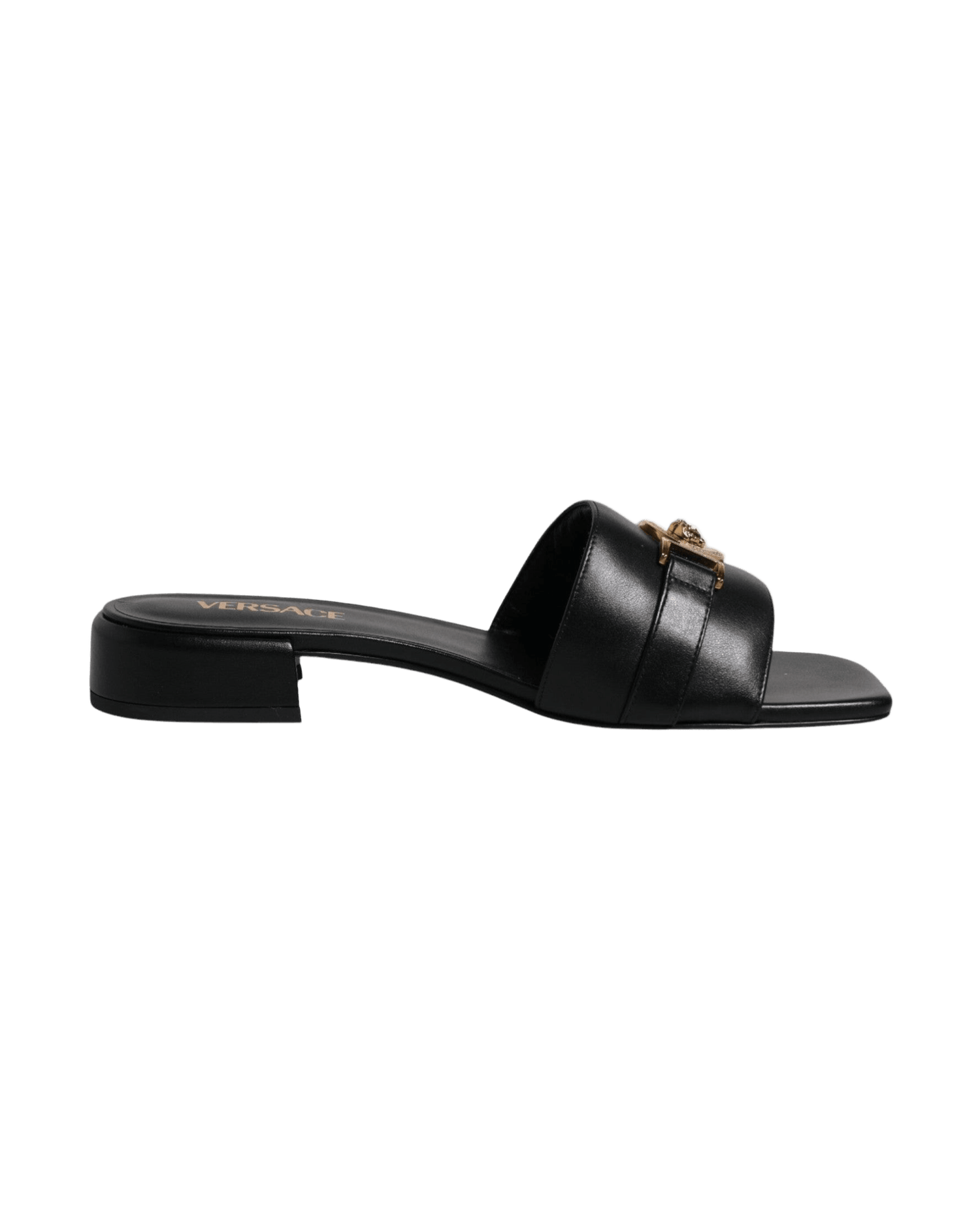 Versace Leather Black Logo Plaque Slip On Slides Flats Shoes Heels