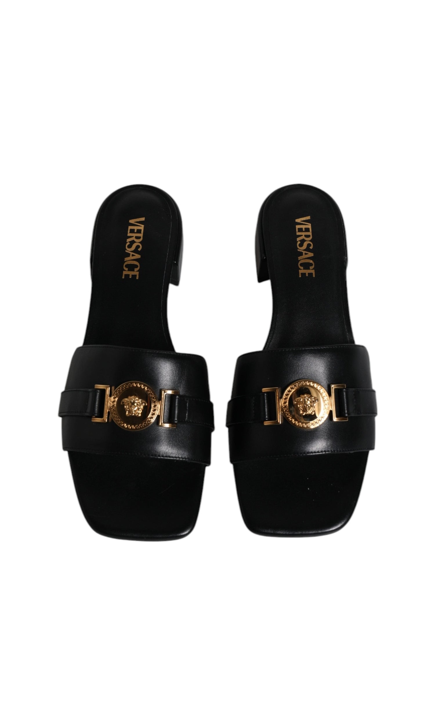 Versace Black Leather Logo Plaque Slip On Slides Flats Shoes Glam Steals