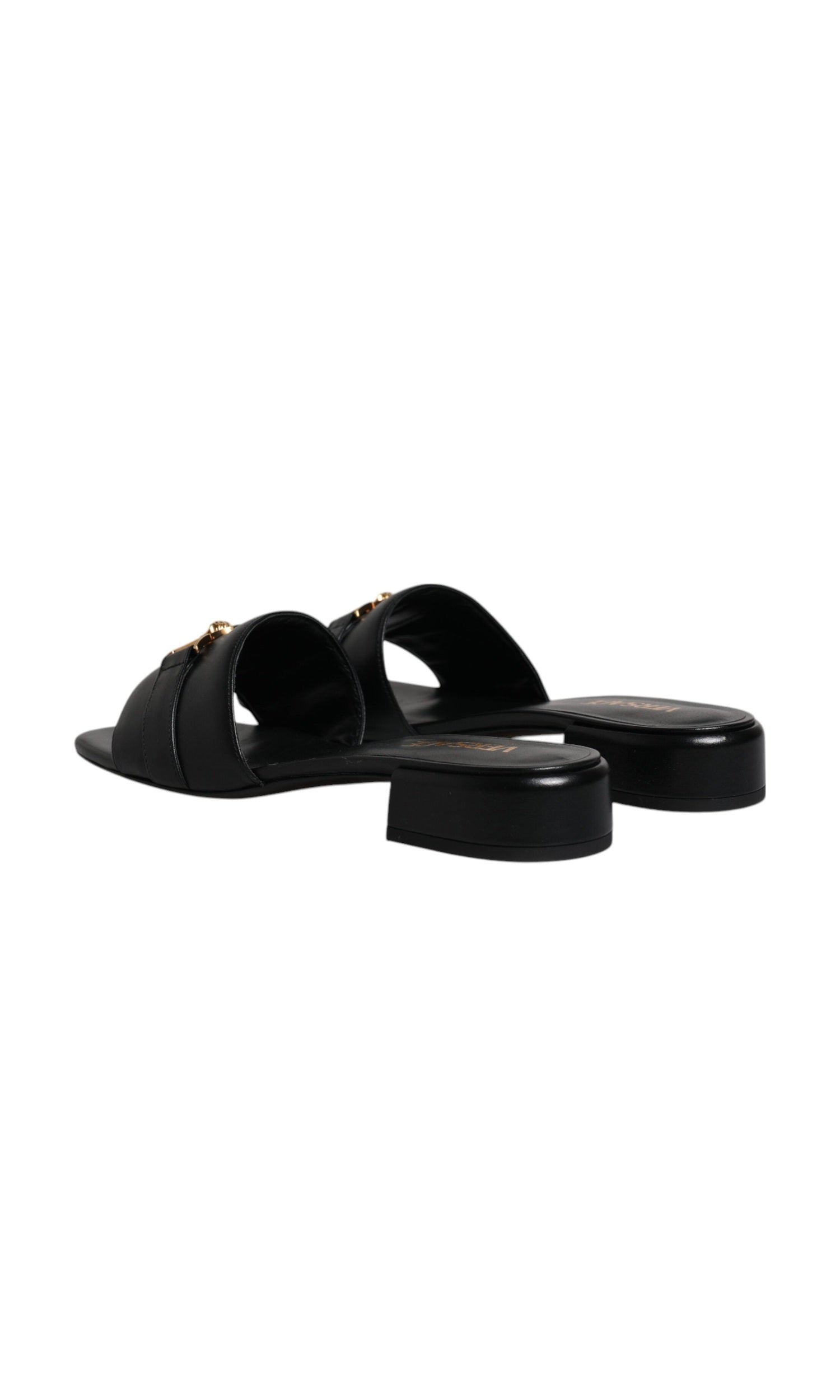Versace Black Leather Logo Plaque Slip On Slides Flats Shoes Glam Steals