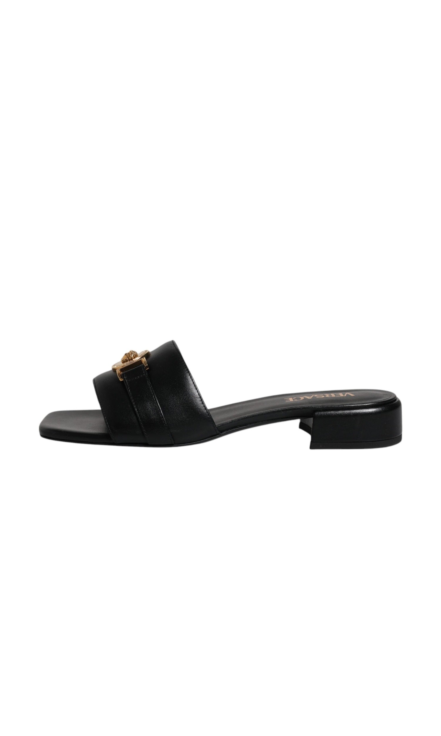 Versace Black Leather Logo Plaque Slip On Slides Flats Shoes Glam Steals