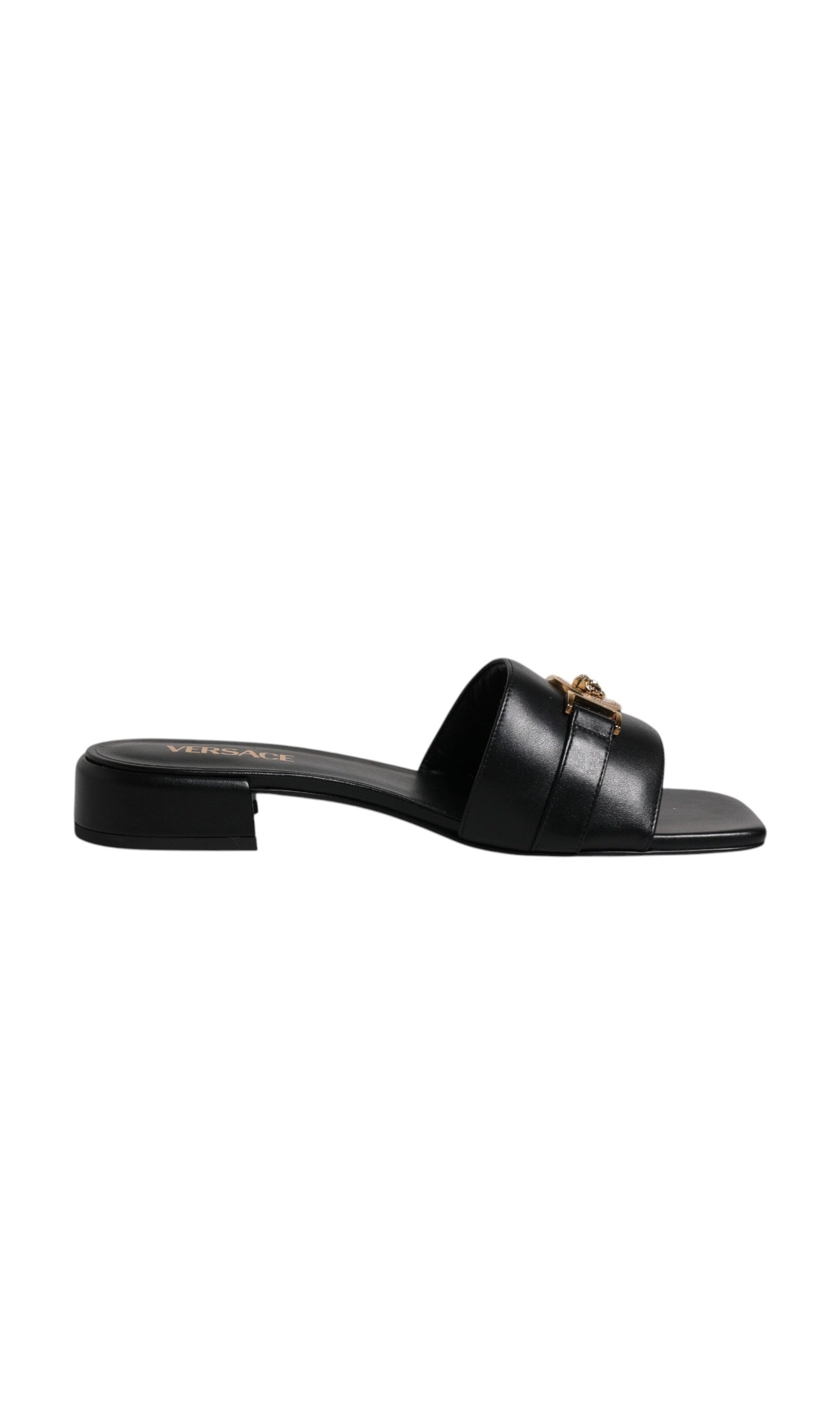 Versace Black Leather Logo Plaque Slip On Slides Flats Shoes Glam Steals