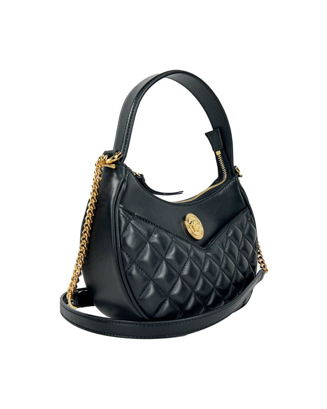Versace Black Leather Quilted Half Moon Chain Crossbody Bag Glam Steals
