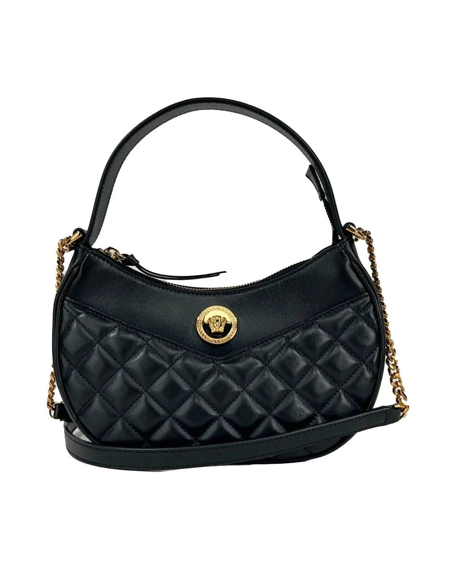 Versace Black Leather Quilted Half Moon Chain Crossbody Bag Glam Steals