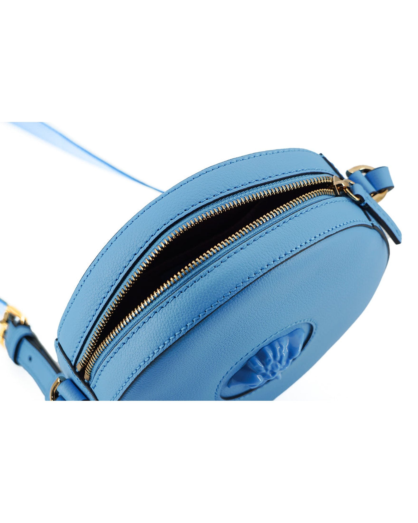 Versace Blue Leather Chic Round Shoulder Bag Glam Steals