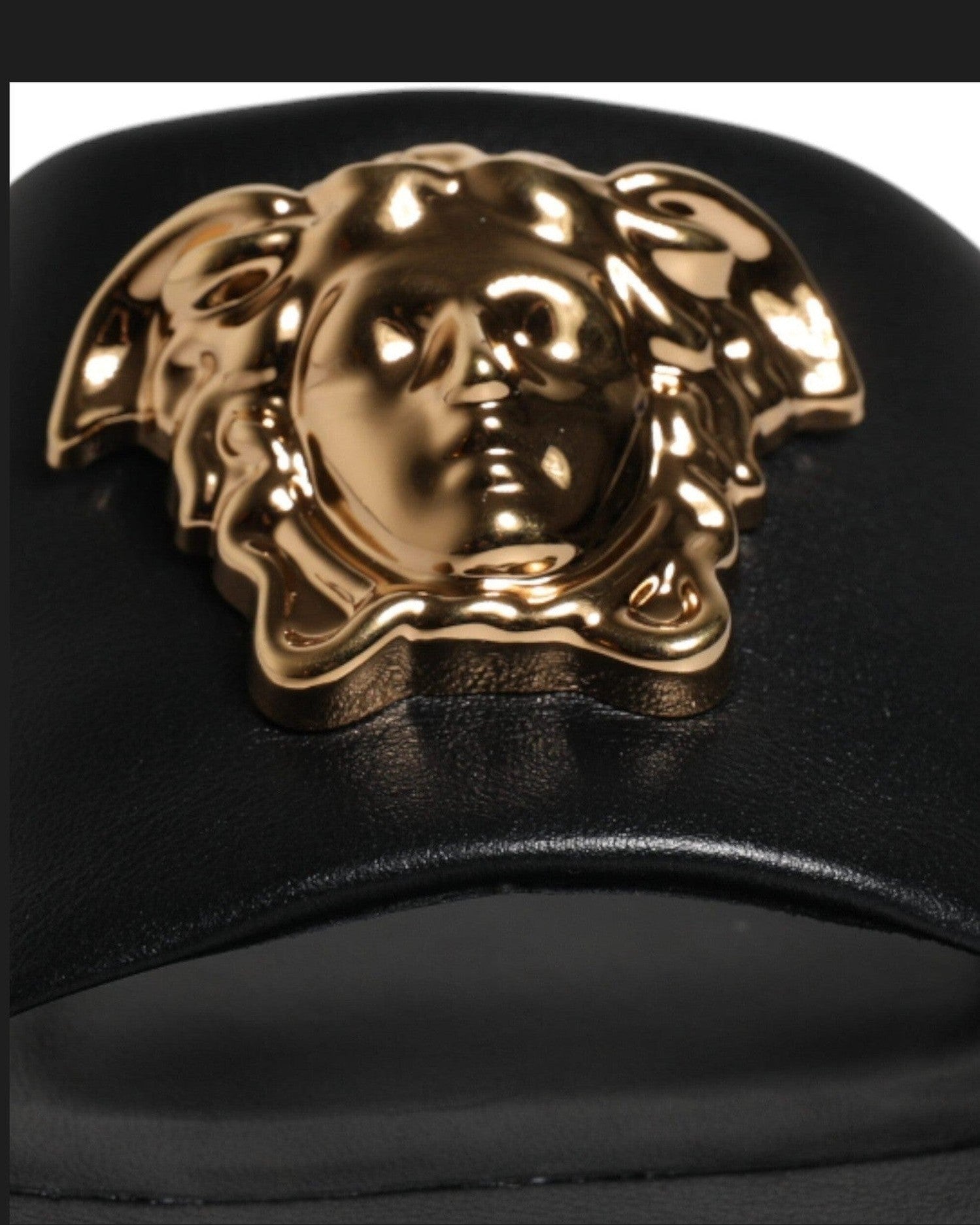 Versace Black Leather Logo Plaque Slip On Slides Flats Shoes Glam Steals