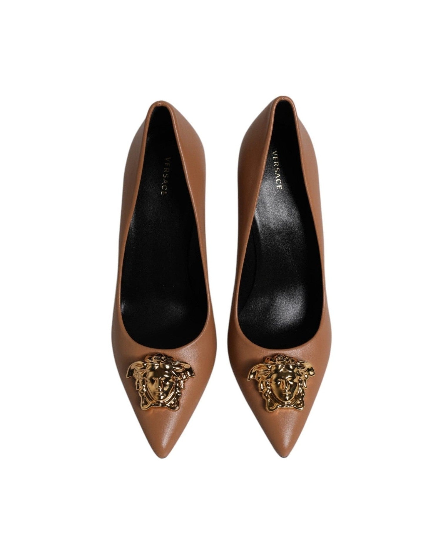 Versace Brown Leather Logo Plaque High Heels Pumps Shoes Glam Steals