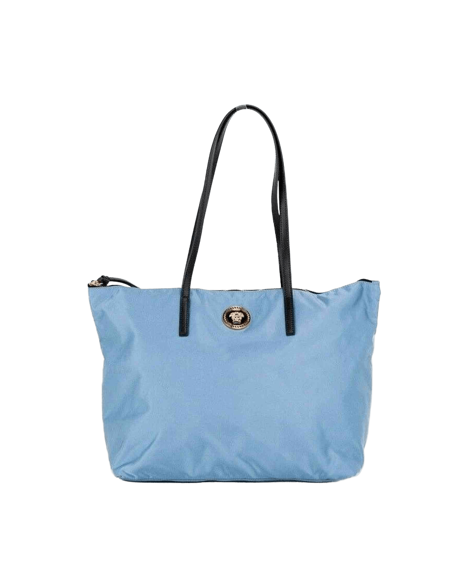 Versace Portuna Blue Medusa Medium Cornflower Nylon Leather Tote Bag Purse Glam Steals