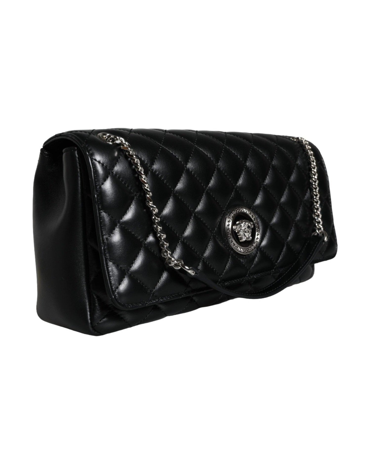 Versace Quilted Lambskin Leather Crossbody Shoulder Black Bag Glam Steals
