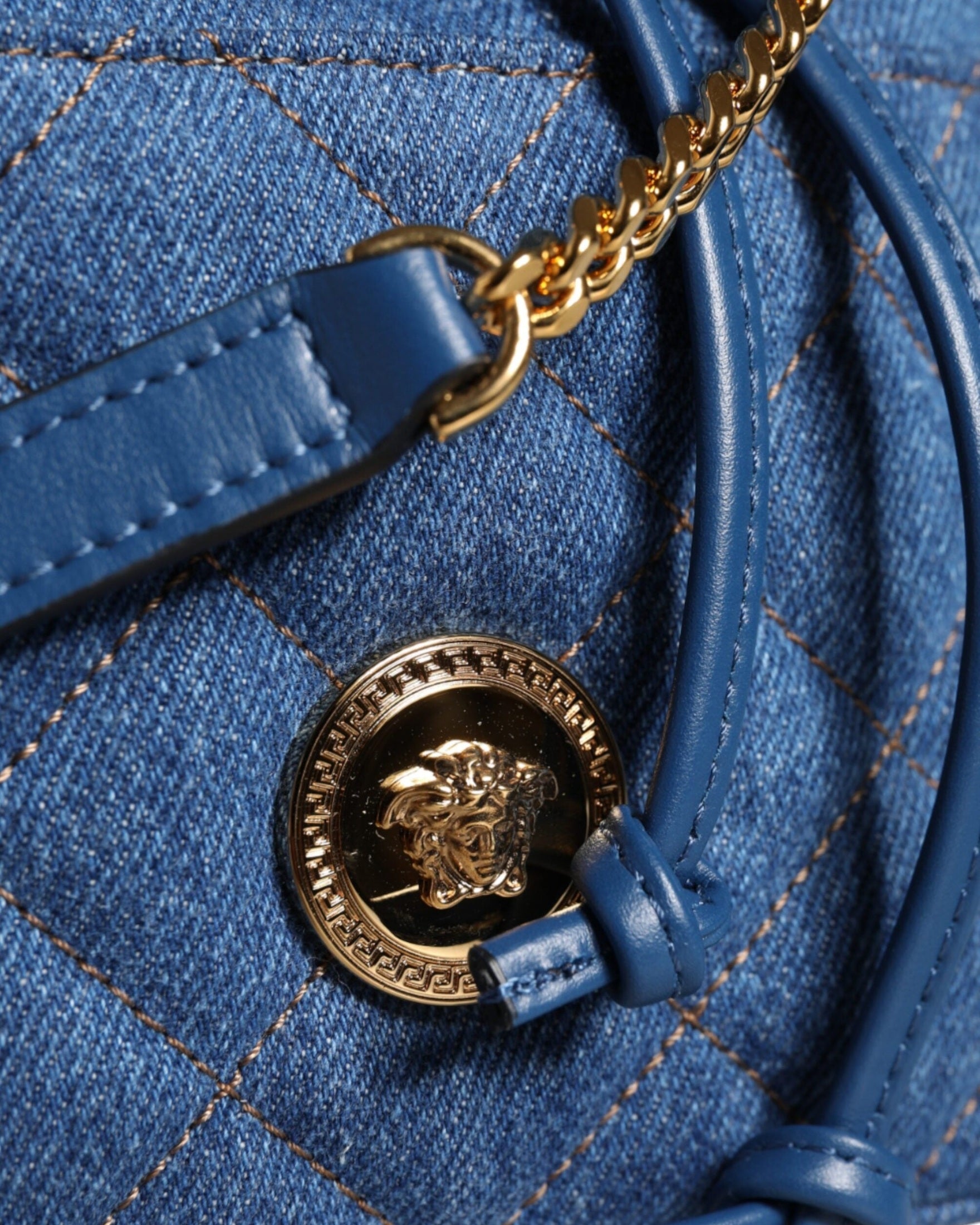 Versace Quilted Denim Leather Crossbody Shoulder Blue Bag Glam Steals