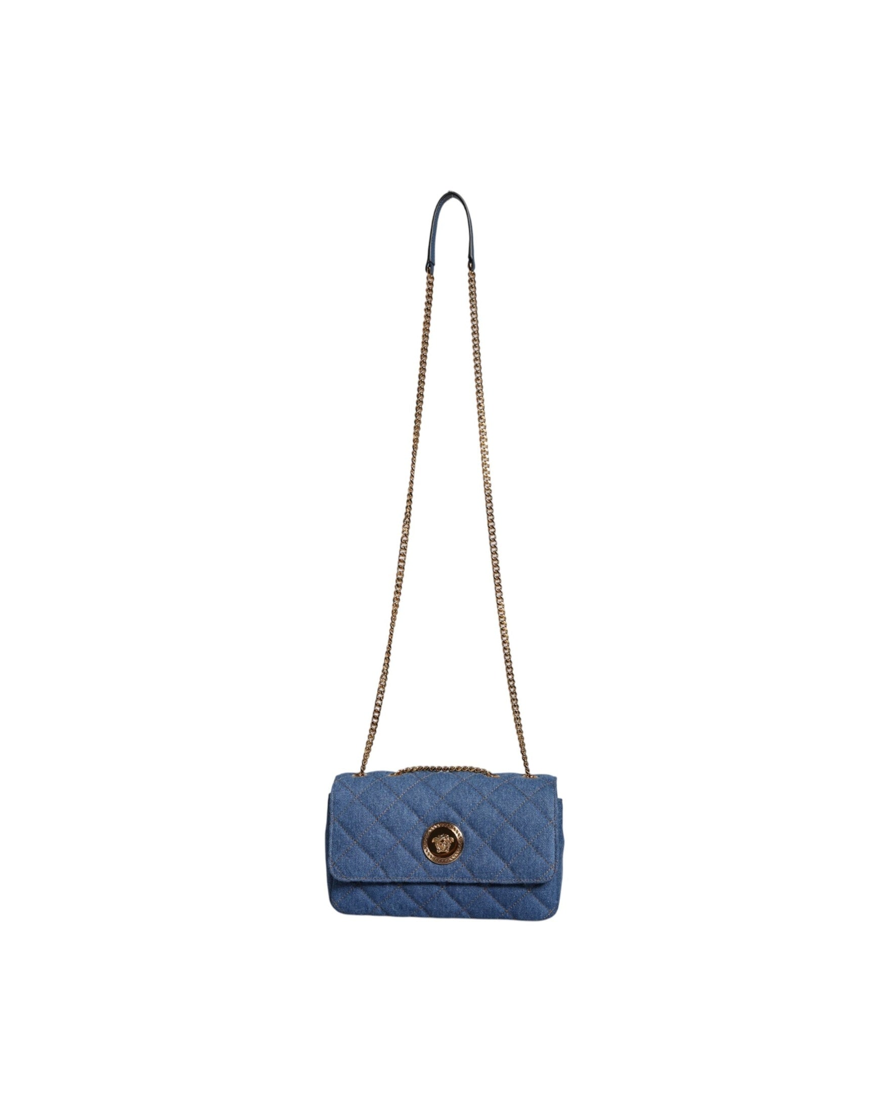 Versace Quilted Denim Leather Crossbody Shoulder Blue Bag Glam Steals