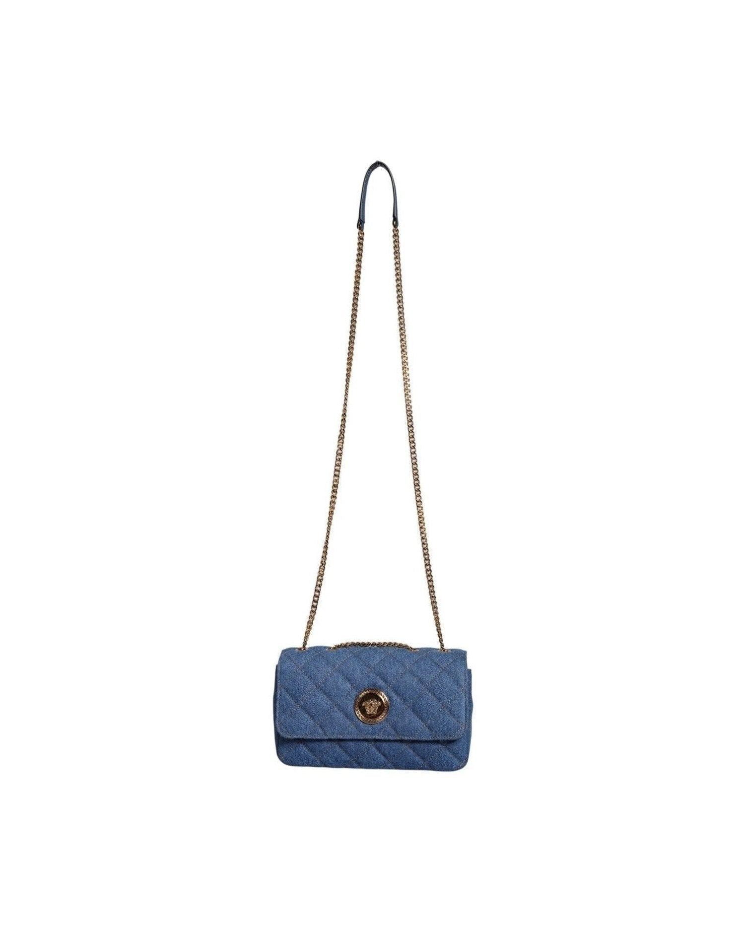 Versace Quilted Denim Leather Crossbody Shoulder Blue Bag Glam Steals