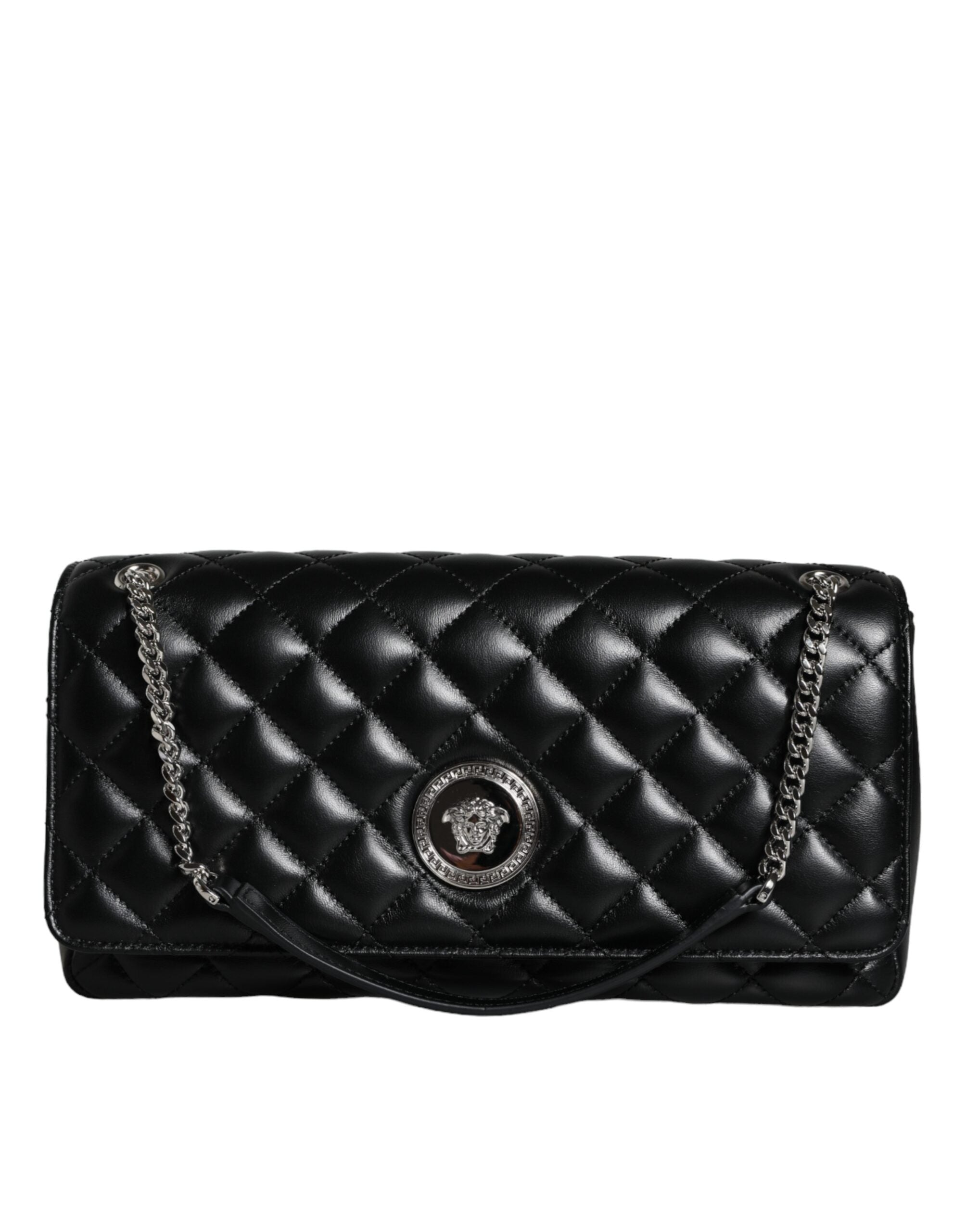 Versace Quilted Lambskin Leather Crossbody Shoulder Black Bag Glam Steals