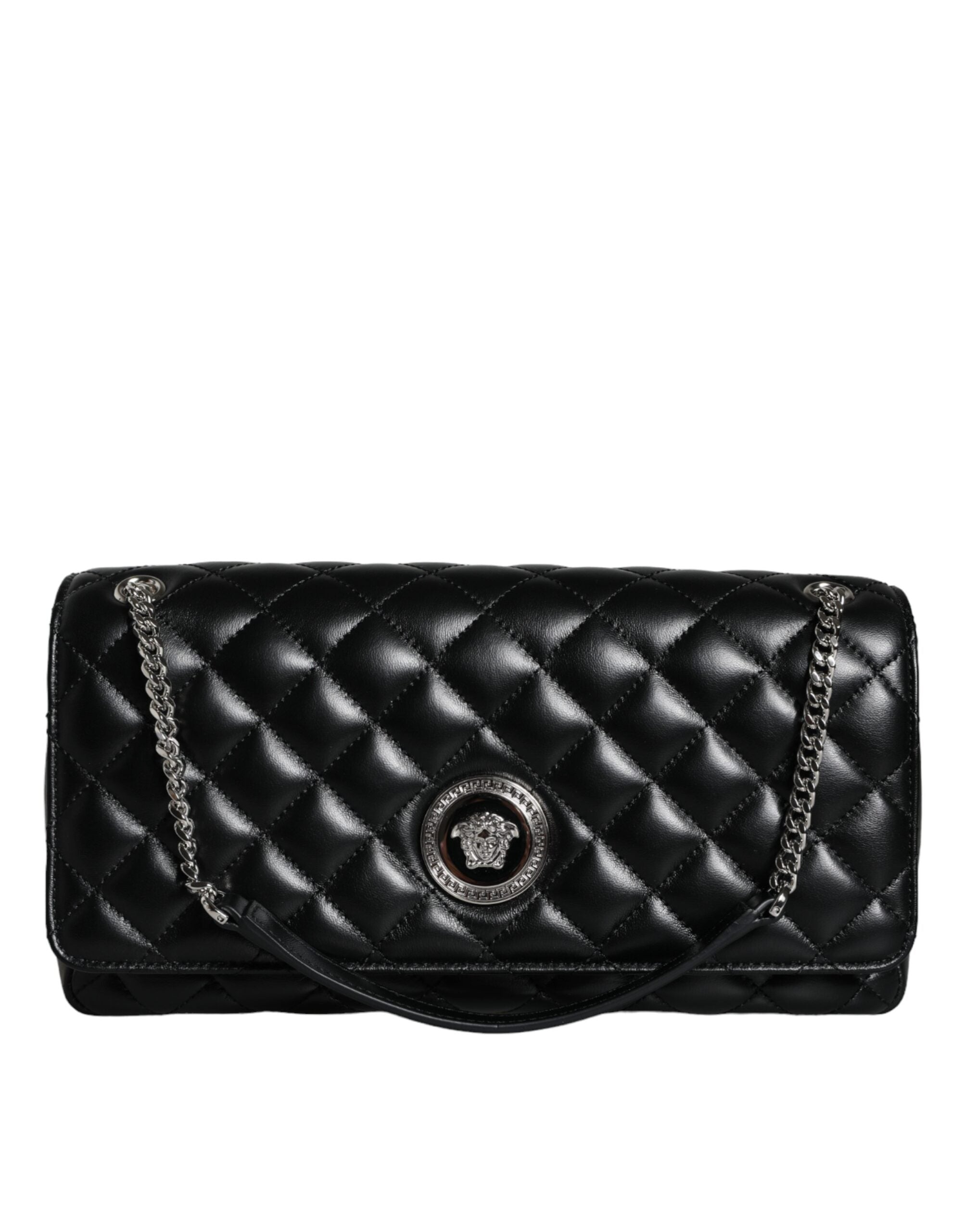 Versace Quilted Lambskin Leather Crossbody Shoulder Black Bag Glam Steals