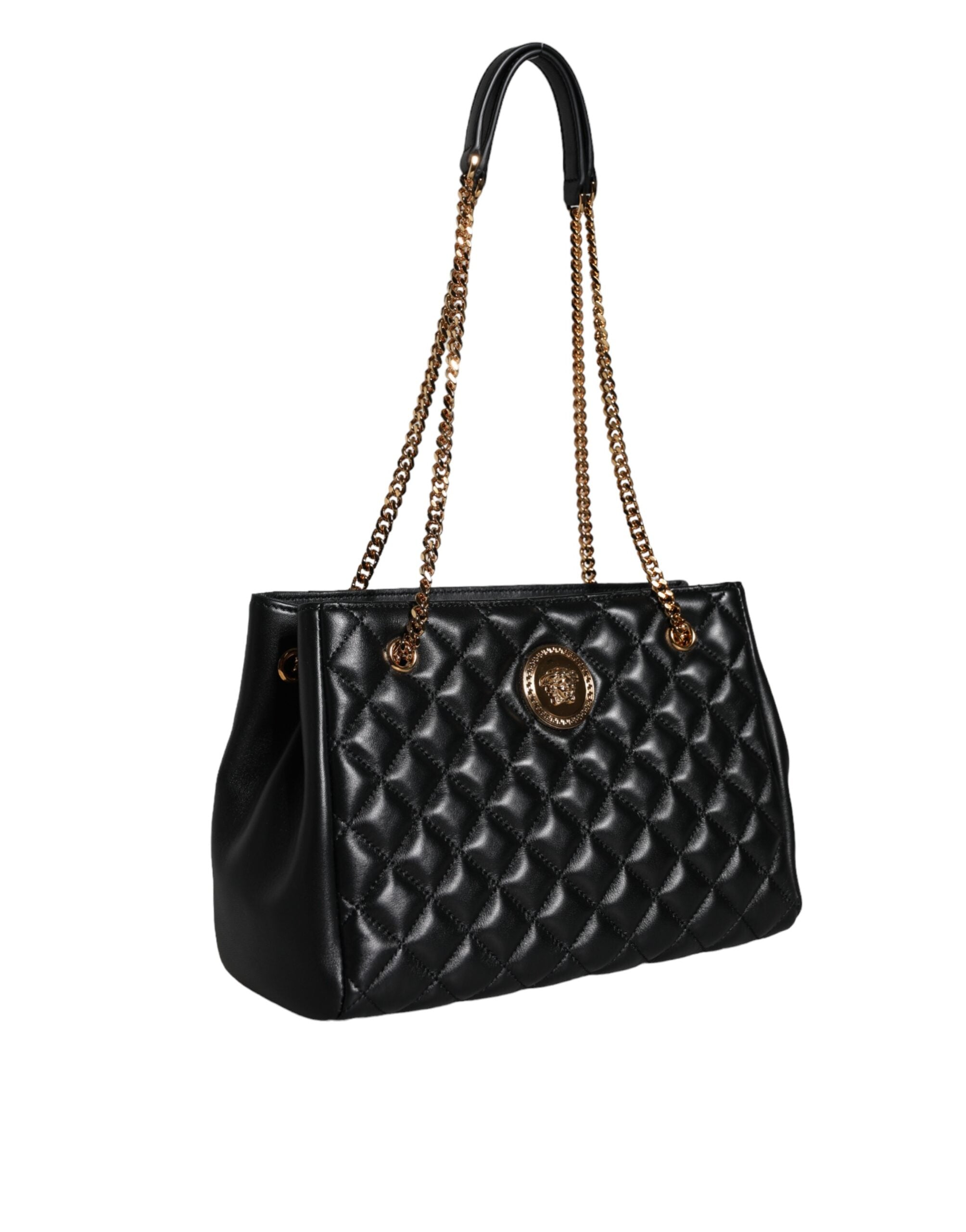 Versace Quilted Nappa Leather Shoulder Chain Strap Black Bag Glam Steals