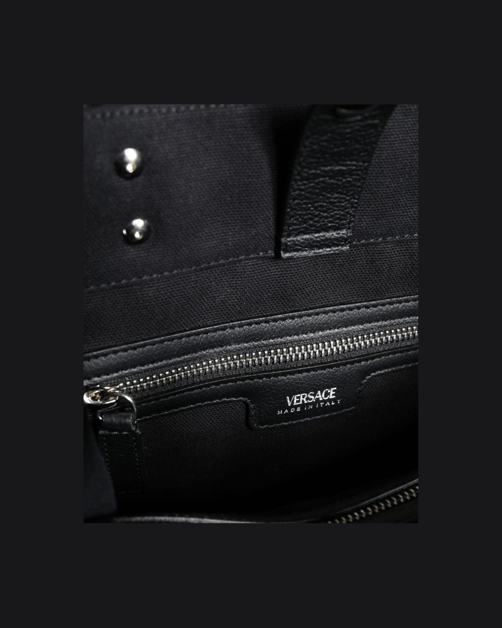 Versace Top Handle Canvas Leather Logo Crossbody Tote Black Bag Glam Steals