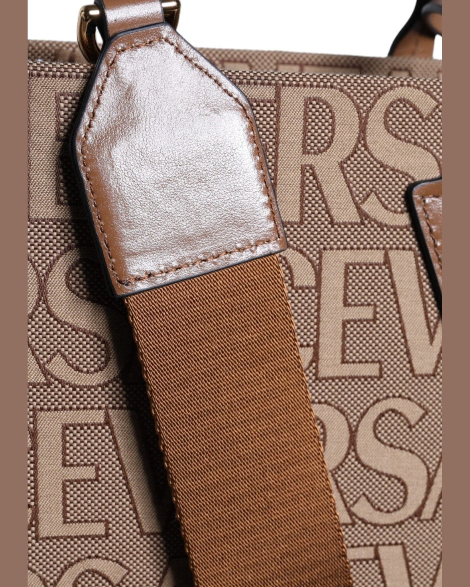 Versace Top Handle Jacquard Leather Logo Crossbody Tote Brown Bag Glam Steals