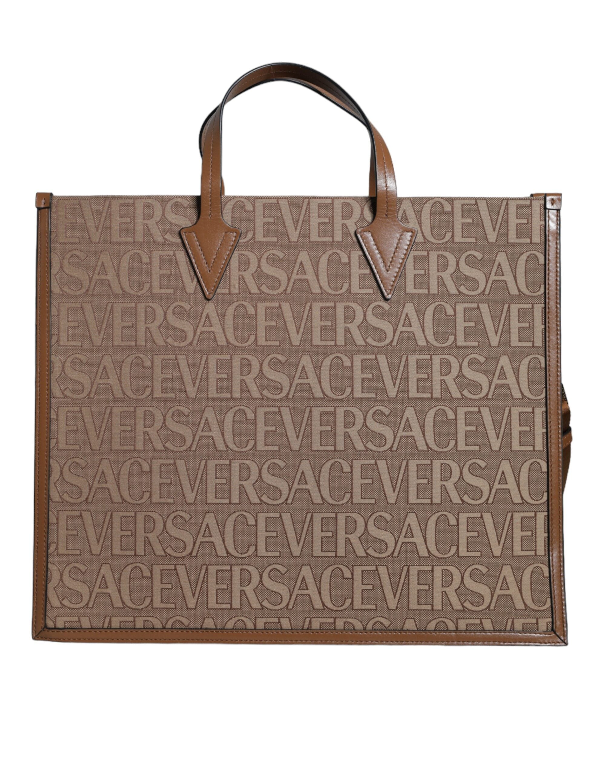 Versace Top Handle Jacquard Leather Logo Crossbody Tote Brown Bag Glam Steals