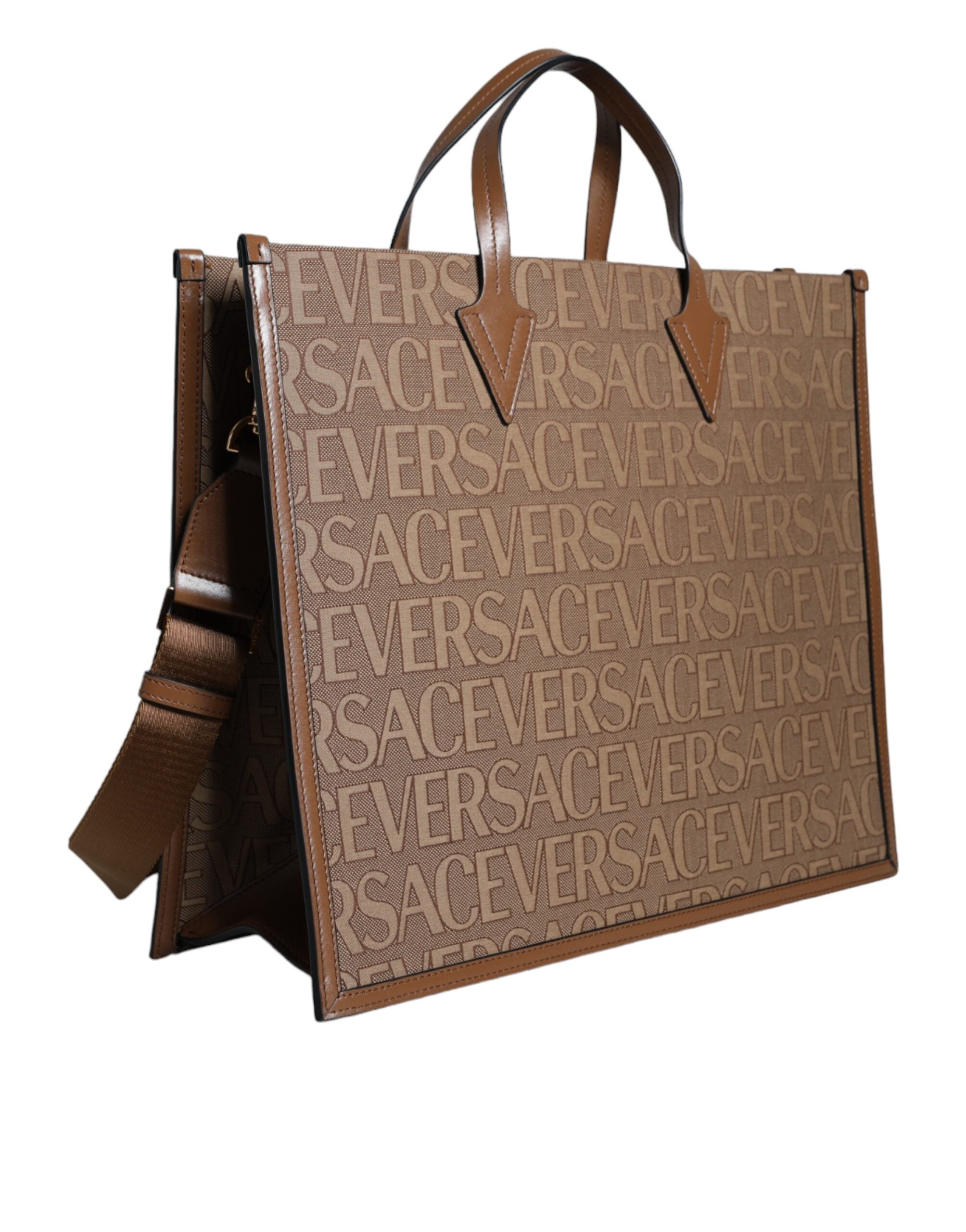 Versace Top Handle Jacquard Leather Logo Crossbody Tote Brown Bag Glam Steals
